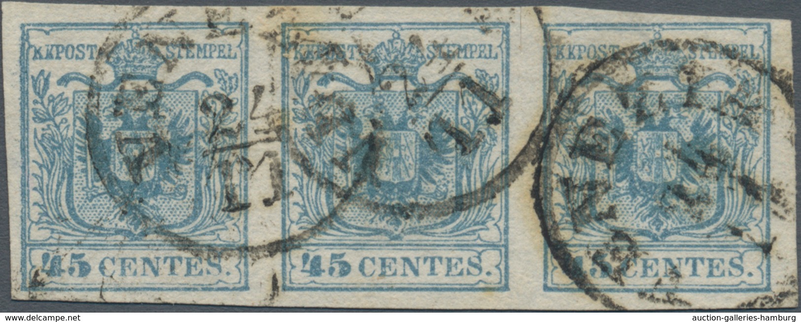 Österreich - Lombardei Und Venetien: 1850, 45 C Blau Type II Im Waager. 3er-Streifen Entwertet Mit K - Lombardy-Venetia