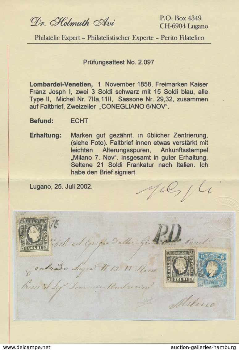 Österreich - Lombardei Und Venetien: 1858, 2 X 3 Soldi Schwarz Und 15 Soldi Blau, Jeweils In Type II - Lombardy-Venetia