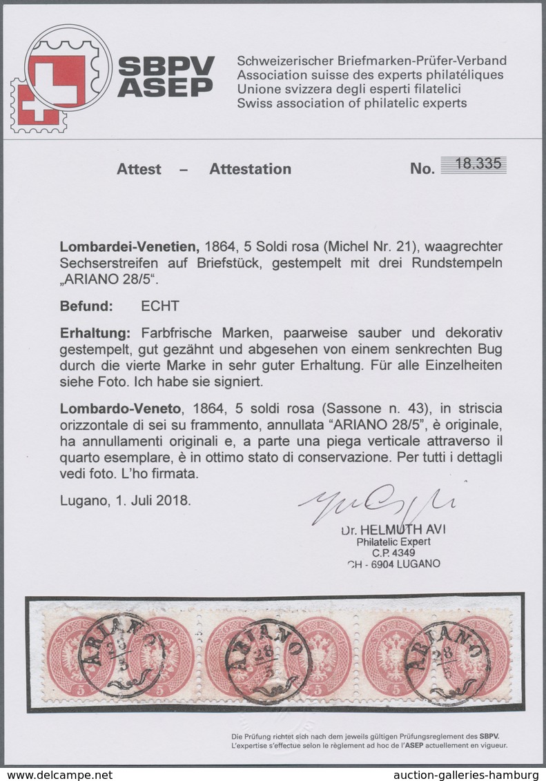 Österreich - Lombardei Und Venetien: 1864, 5 Soldi Rosa, Waagerechter 6er-Streifen, Entwertet Mit Dr - Lombardo-Venetien