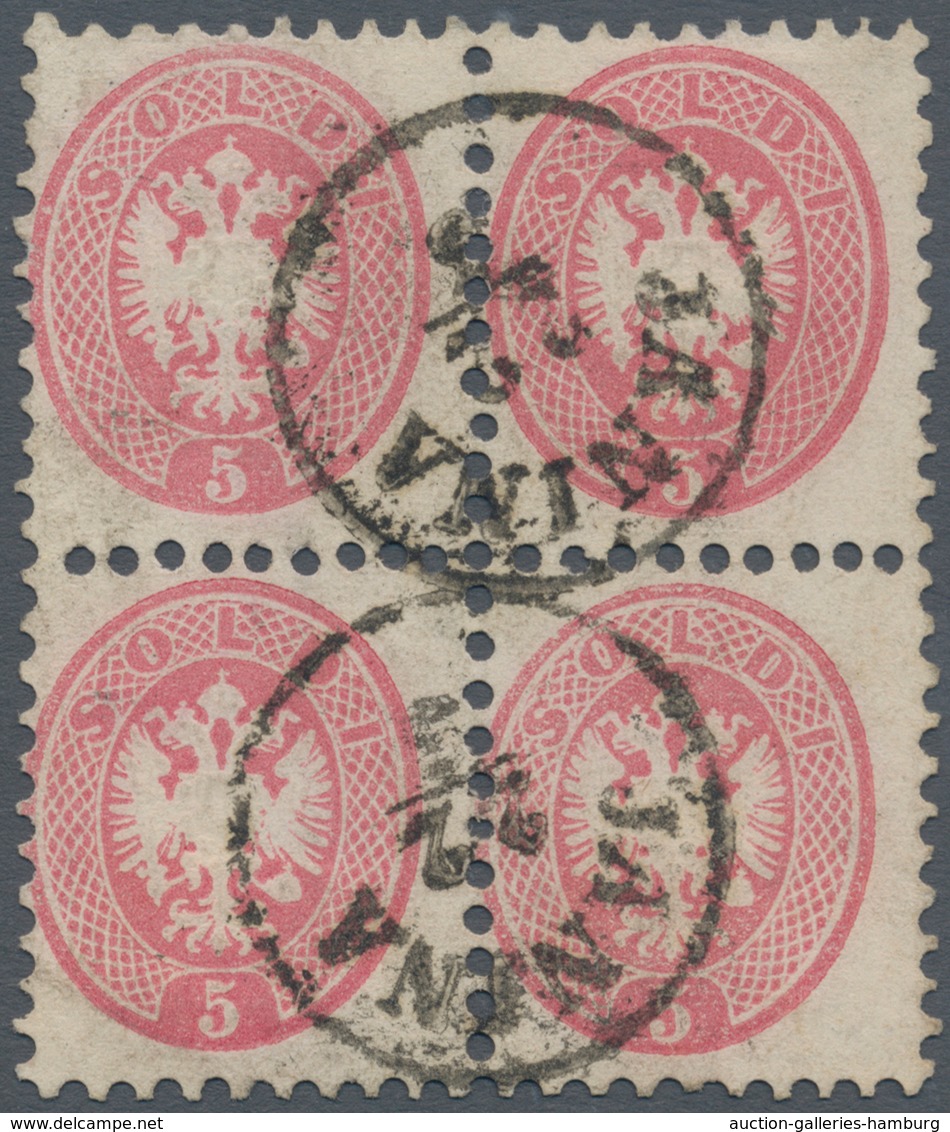 Österreichische Post In Der Levante: 1864, Lomb.-Venetien Vorläufer: 5 So Rosa, Gez.9 1/2, Viererblo - Levante-Marken