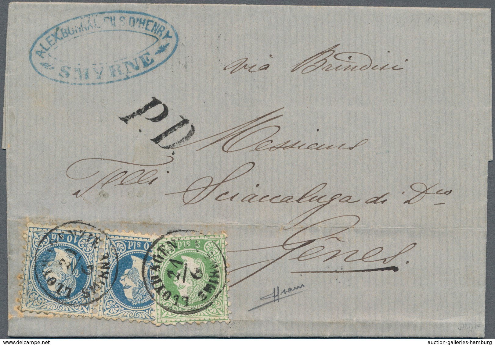 Österreichische Post In Der Levante: 1873, 3 So Grün Und 2 X 10 So Blau, Je Grober Druck, Entwertet - Eastern Austria