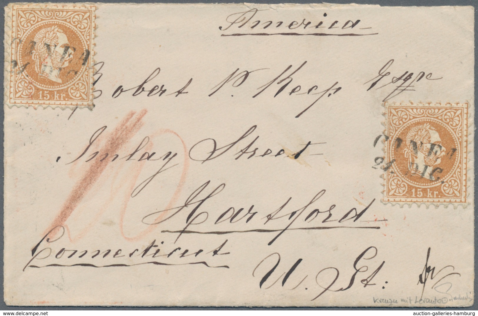 Österreichische Post In Der Levante: 1875, Österreich 15 Kr. Gelbbraun, Grober Druck, Zwei Werte Auf - Levante-Marken