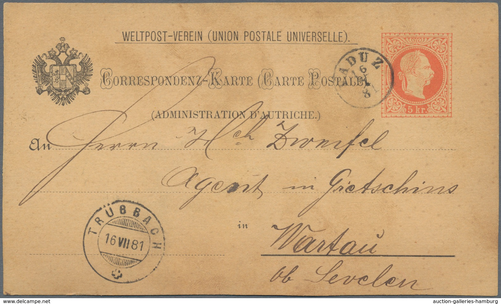 Österreich - Verwendung In Liechtenstein: 1880, Ganzsachen-Weltpostvereinkarte 5 Kr. Kaiserkopf Rot, - Sonstige & Ohne Zuordnung