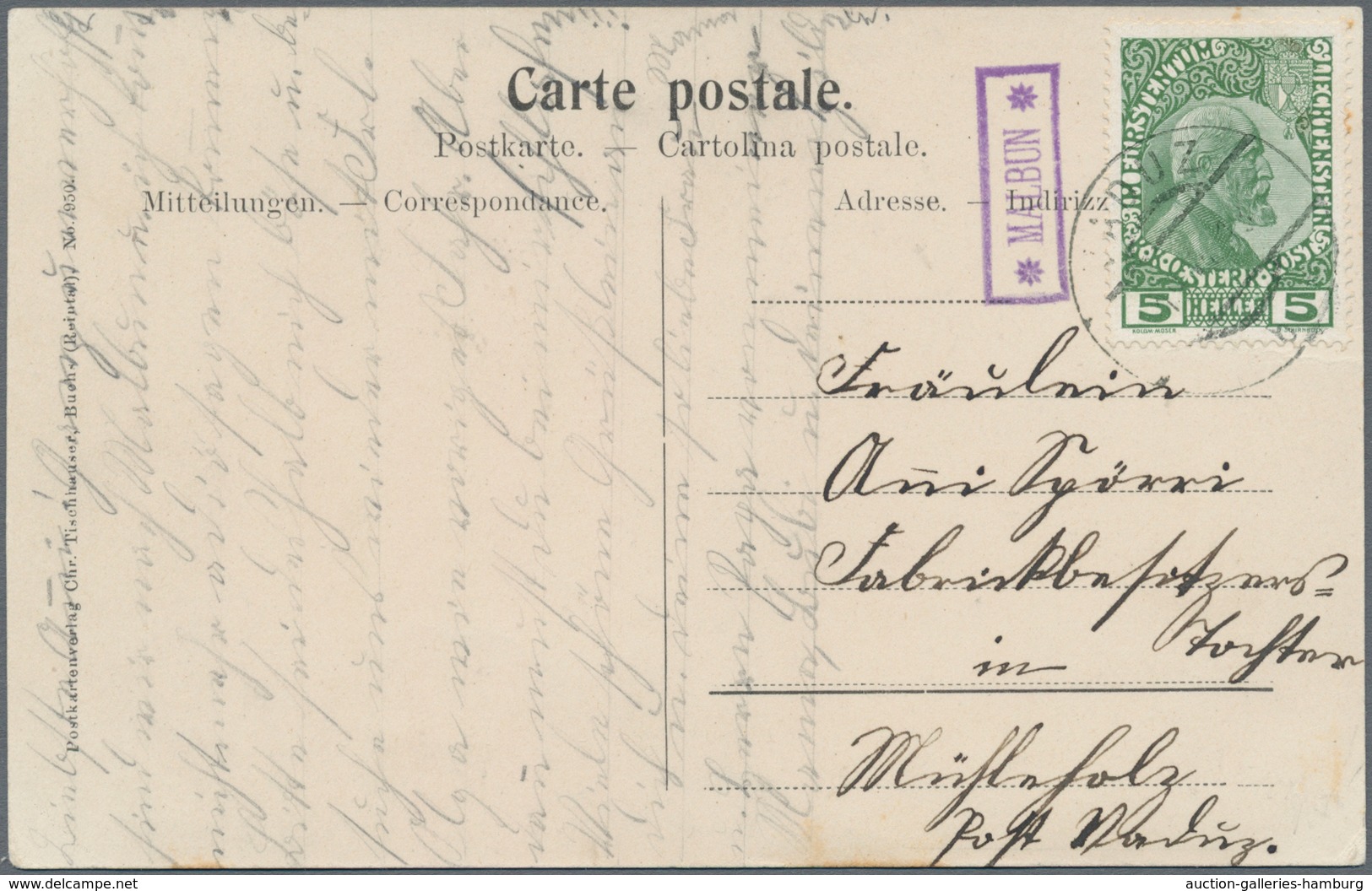 Österreich - Verwendung In Liechtenstein: 1912, Postablagestempel *MALBUN* Als Nebenstempel Auf Prac - Other & Unclassified