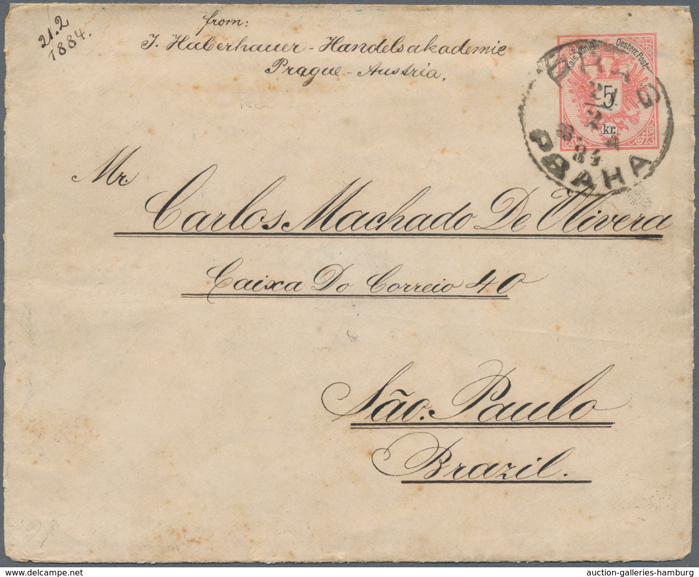 Österreich - Ganzsachen: 1884, Destination Brasilien: Ganzsachenumschlag 5 Kr. Rosa Mit Rs. Zusatzfr - Other & Unclassified