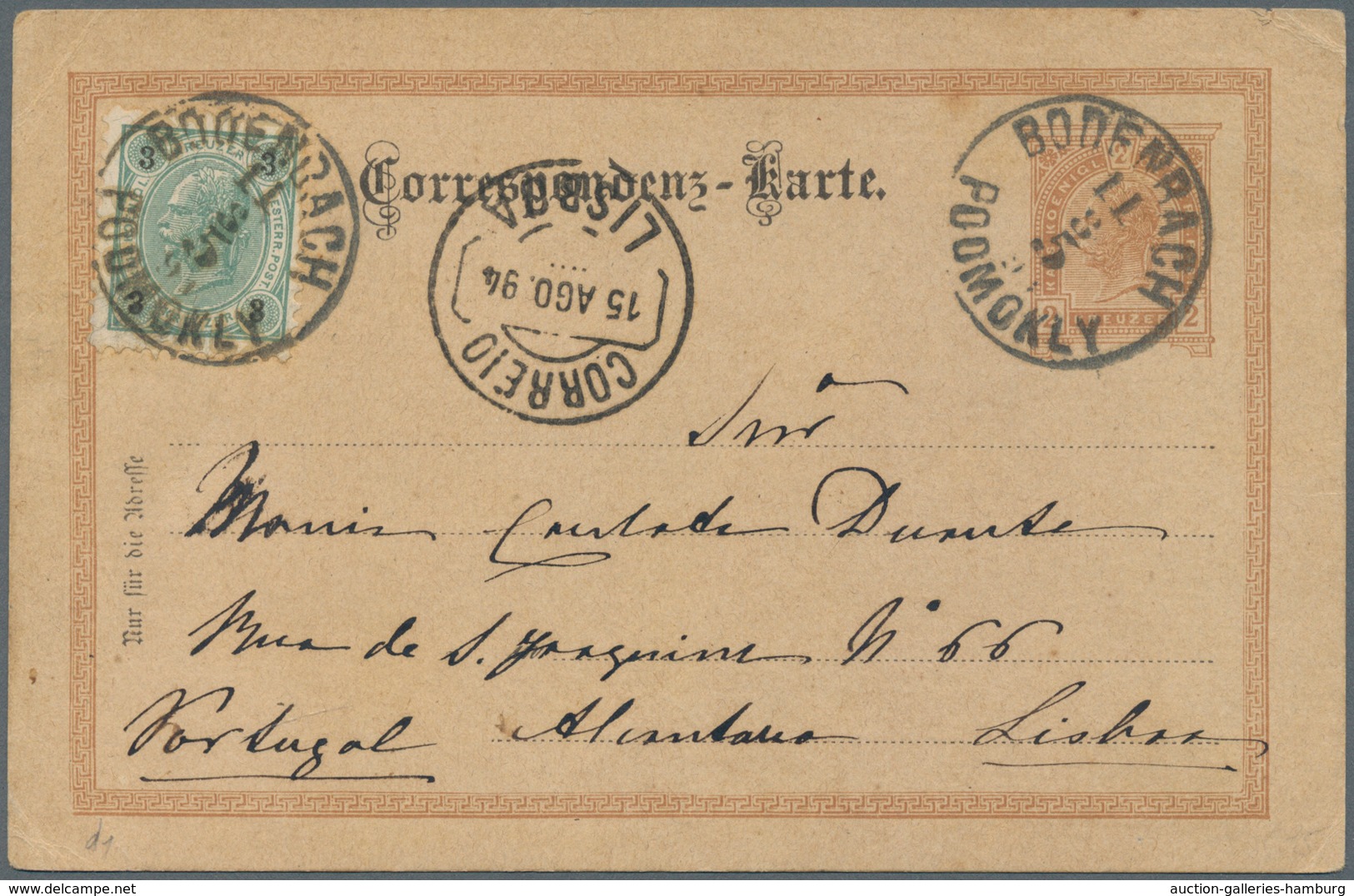 Österreich - Ganzsachen: 1894, 2 Kr Braun Ganzsachenkarte Mit Zusatzfrankatur Von Bodenbach Nach POR - Other & Unclassified