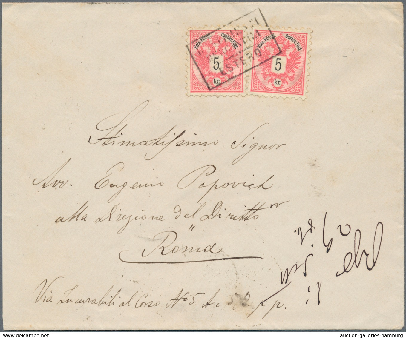 Österreich - Stempel: 1886, 2 X 5 Kr Lilarot/schwarz, Entwertet Mit Italienischem Schiffspoststempel - Franking Machines (EMA)