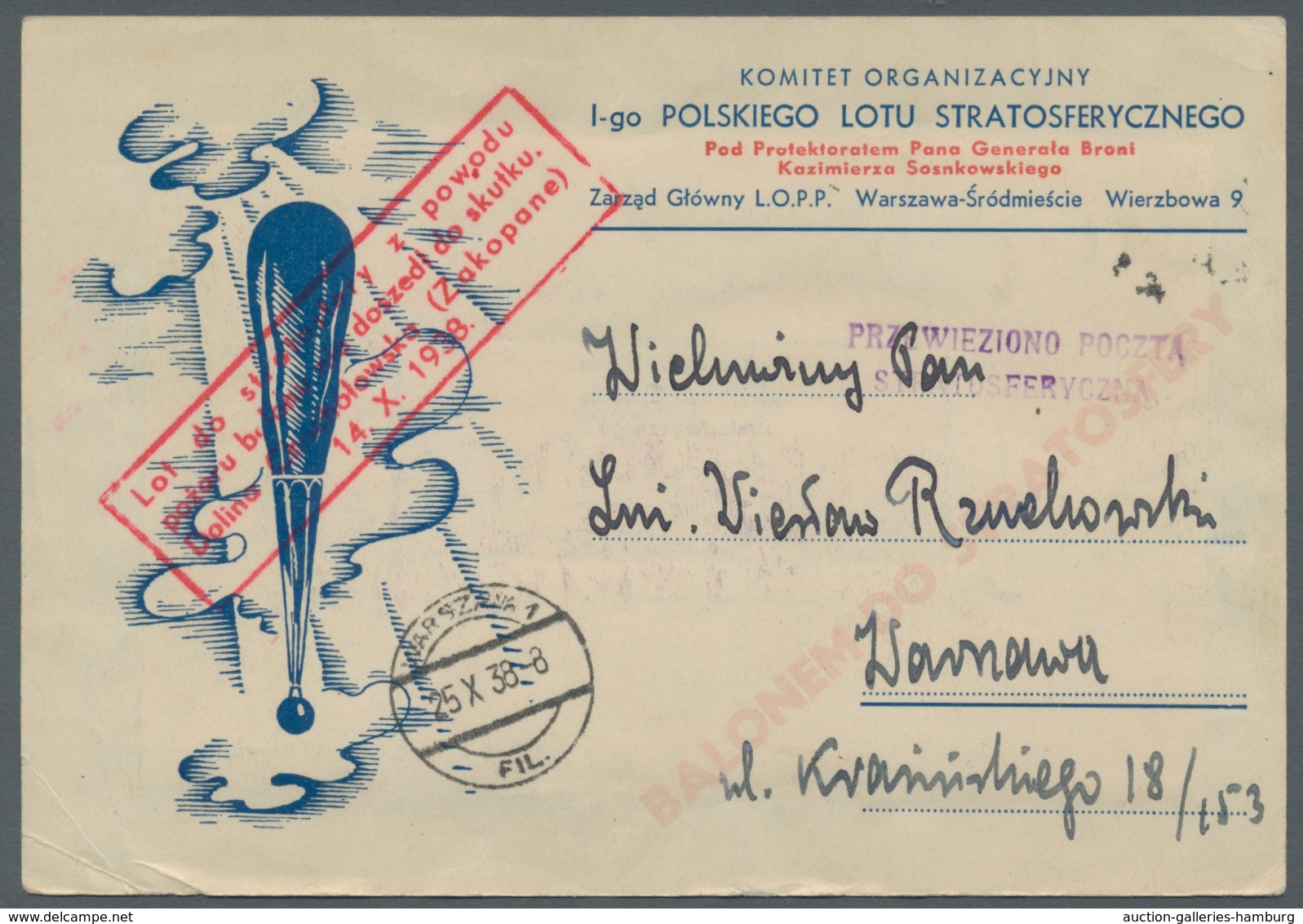 Polen: 1938, "Stratospheric Flight Block" With All Confirmation Stamps On Official Flight Letter Of - Sonstige & Ohne Zuordnung