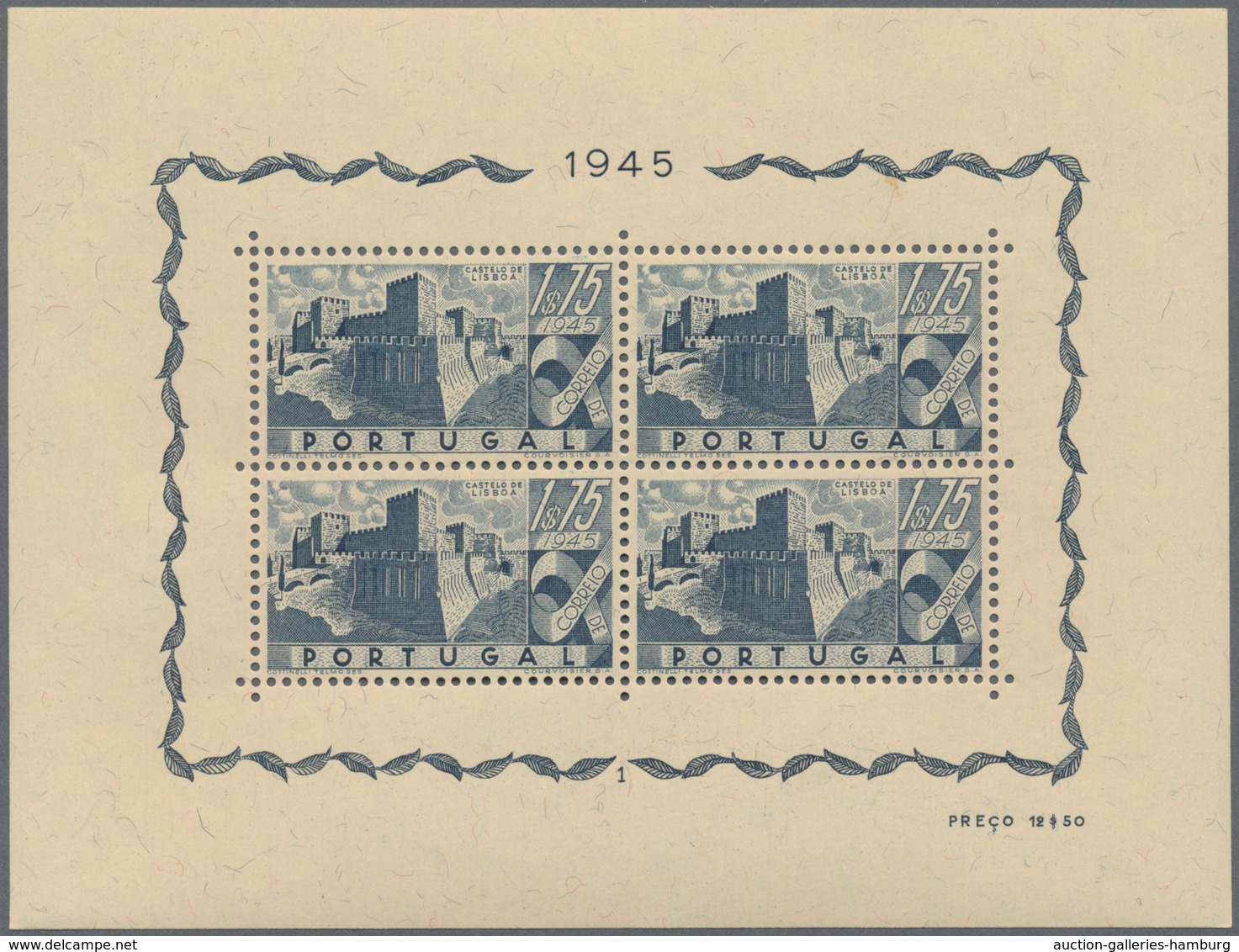 Portugal: 1946, Portuguese castles ‚set of four‘ miniature sheets with plate numbers 1 to 4, mint ne