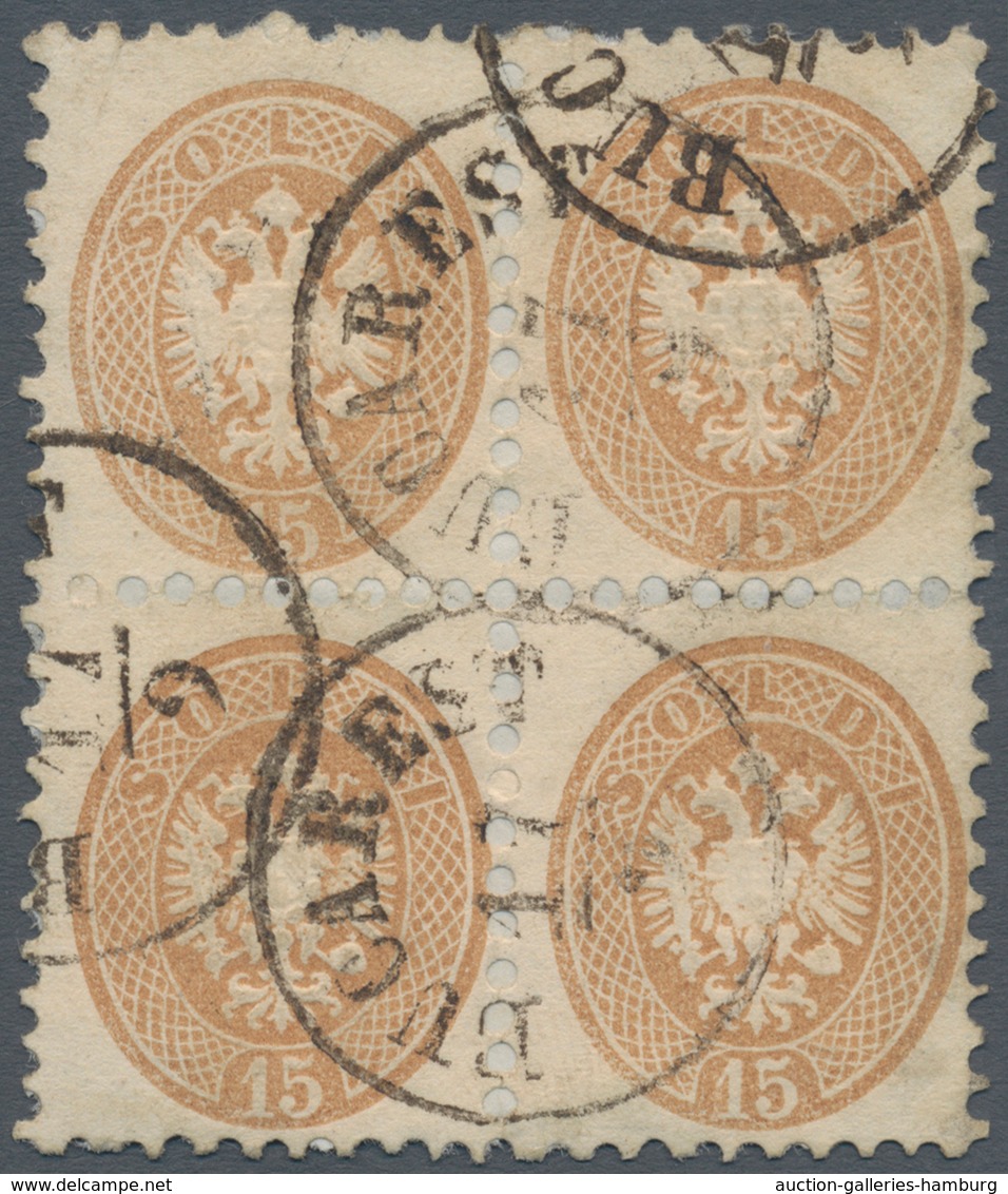 Rumänien: 1864, Austrian P.O. Levant: Lombardy-Venetia Precursor 15 So Brown, Used Block Of 4 With C - Gebraucht