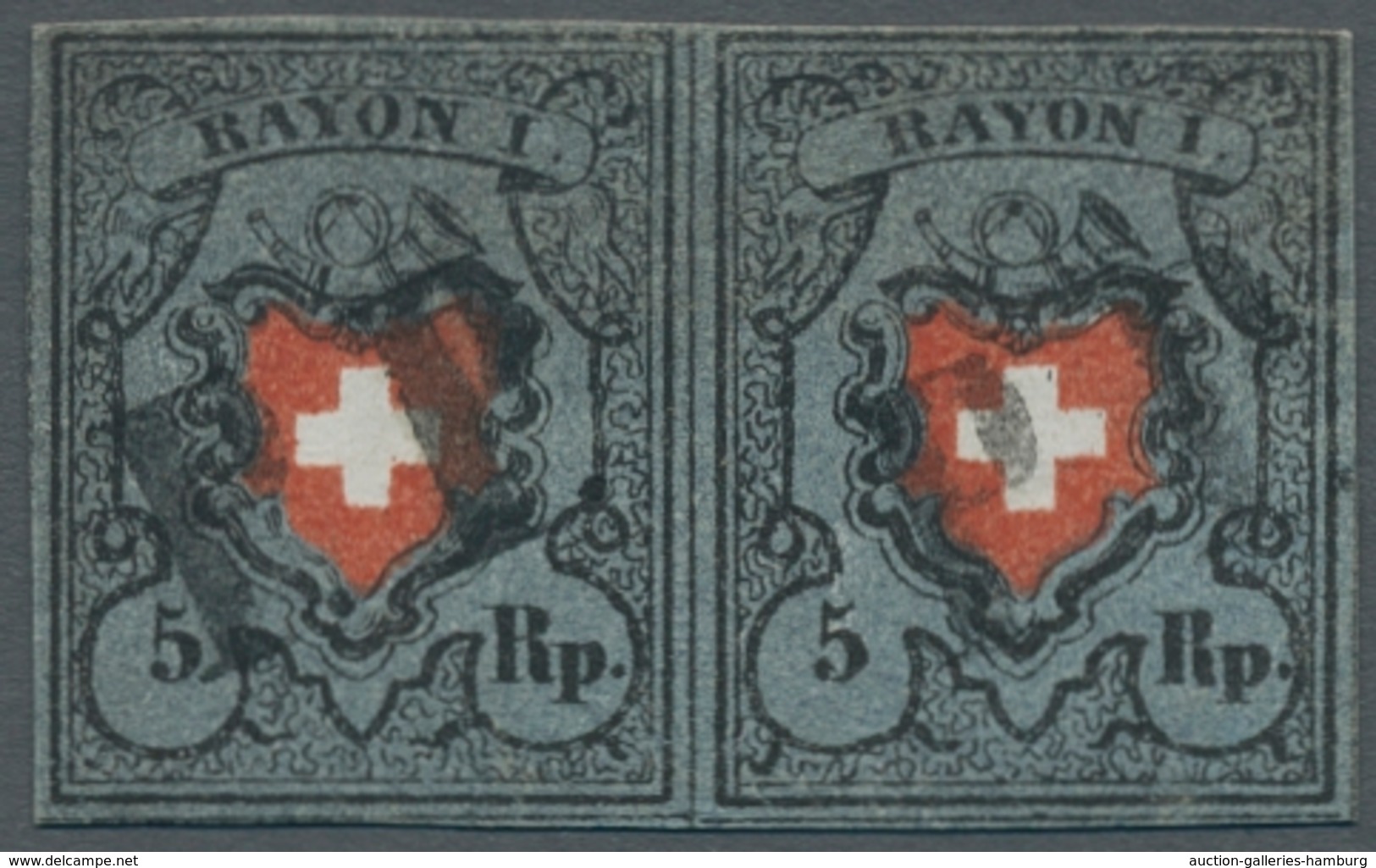 Schweiz: 1850; Rayon I 5 Rappen Schwarz/zinnoberrot Auf Blau Im Waagerechten Paar Der Typen 15/16, J - Gebraucht