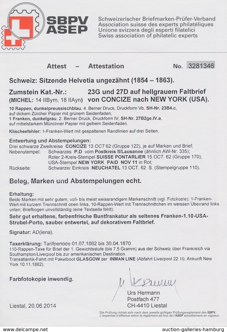 Schweiz: 1854-1863: 1 Fr. Sitzende Helvetia Mit Gelbem Seidenfaden, Im Paar Geklebt Mit 10 Rp. Dunke - Gebraucht