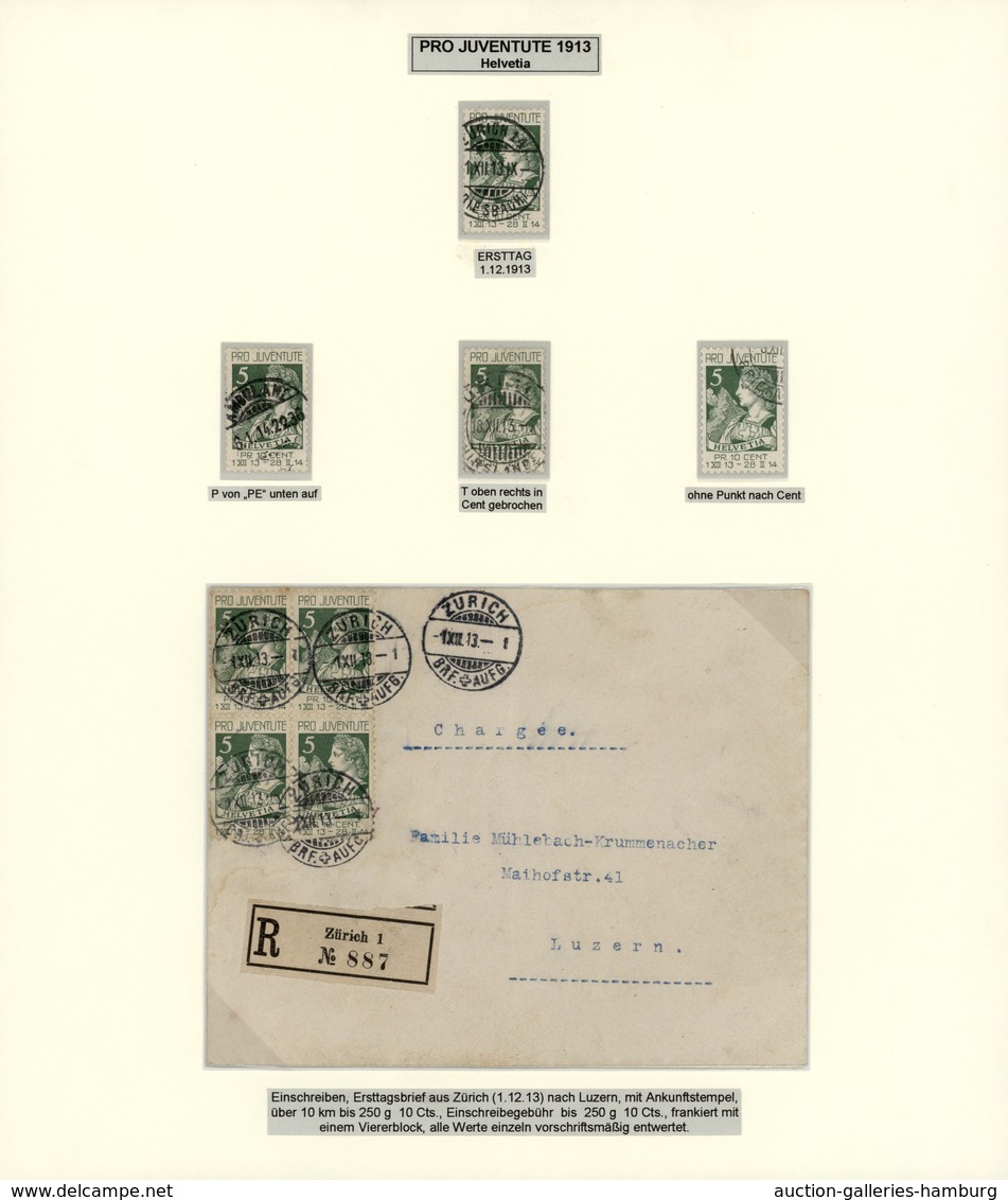 Schweiz: 1913 Pro Juventute 5(+5) C. Im Viererblock Auf Charge-FDC Von Zürich Nach Luzern (Ank.stpl. - Used Stamps