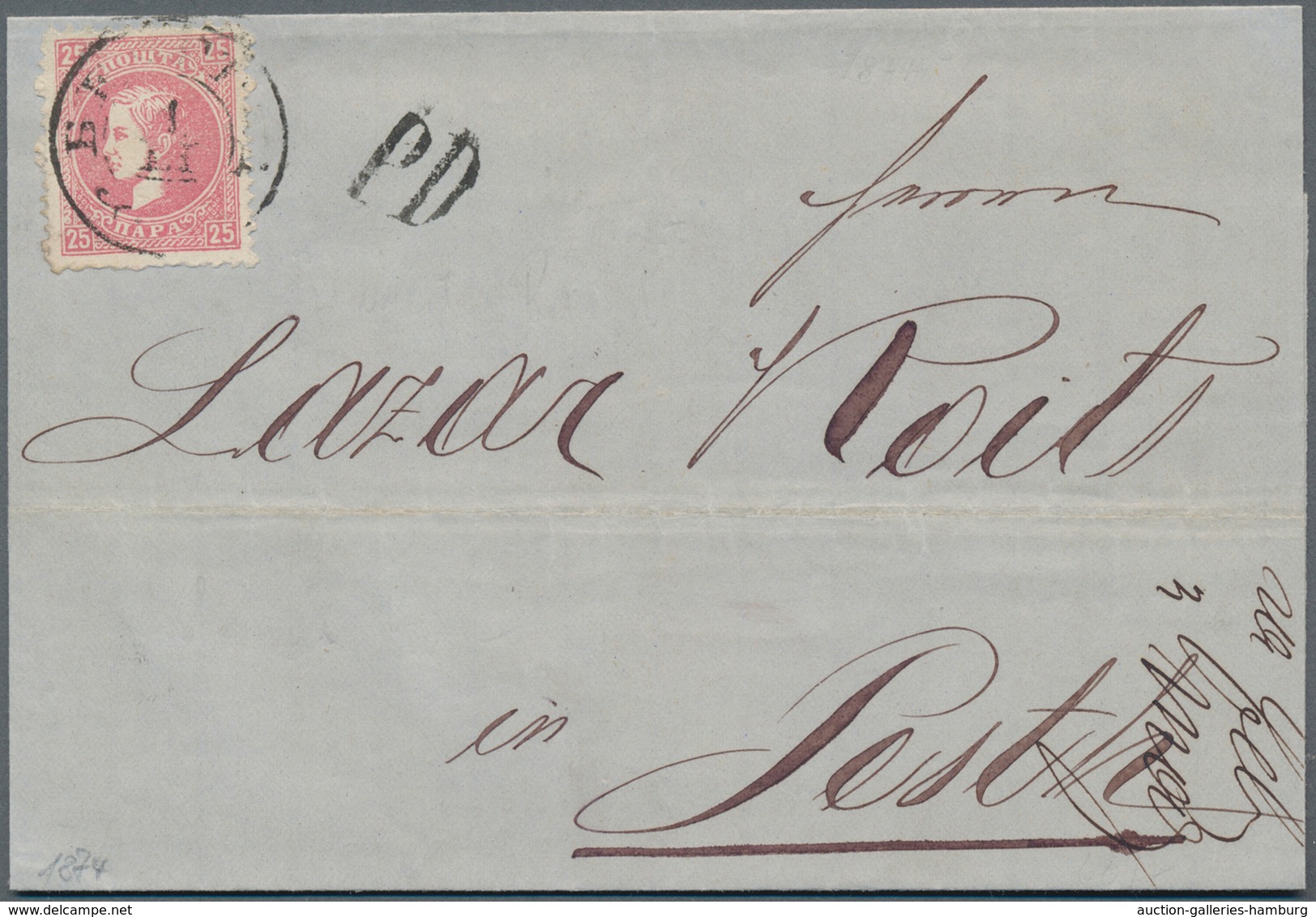 Serbien: 1874, 25 Pa Dull Rose, Perf. 9 1/2 : 12, Single Franking On Folded Letter-sheet From BEOGRA - Serbia