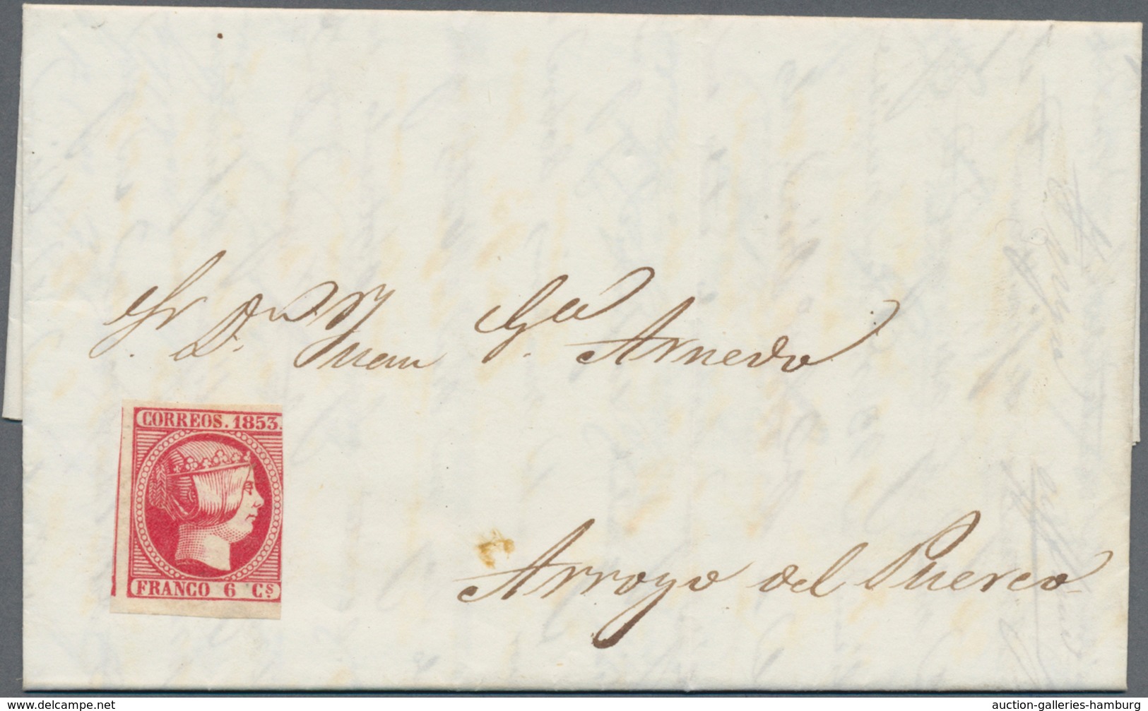 Spanien: 1853, 6cs. Carmine Rose, Fresh Intense Colour, Cut Into At Right, Single Franking Unobliter - Other & Unclassified