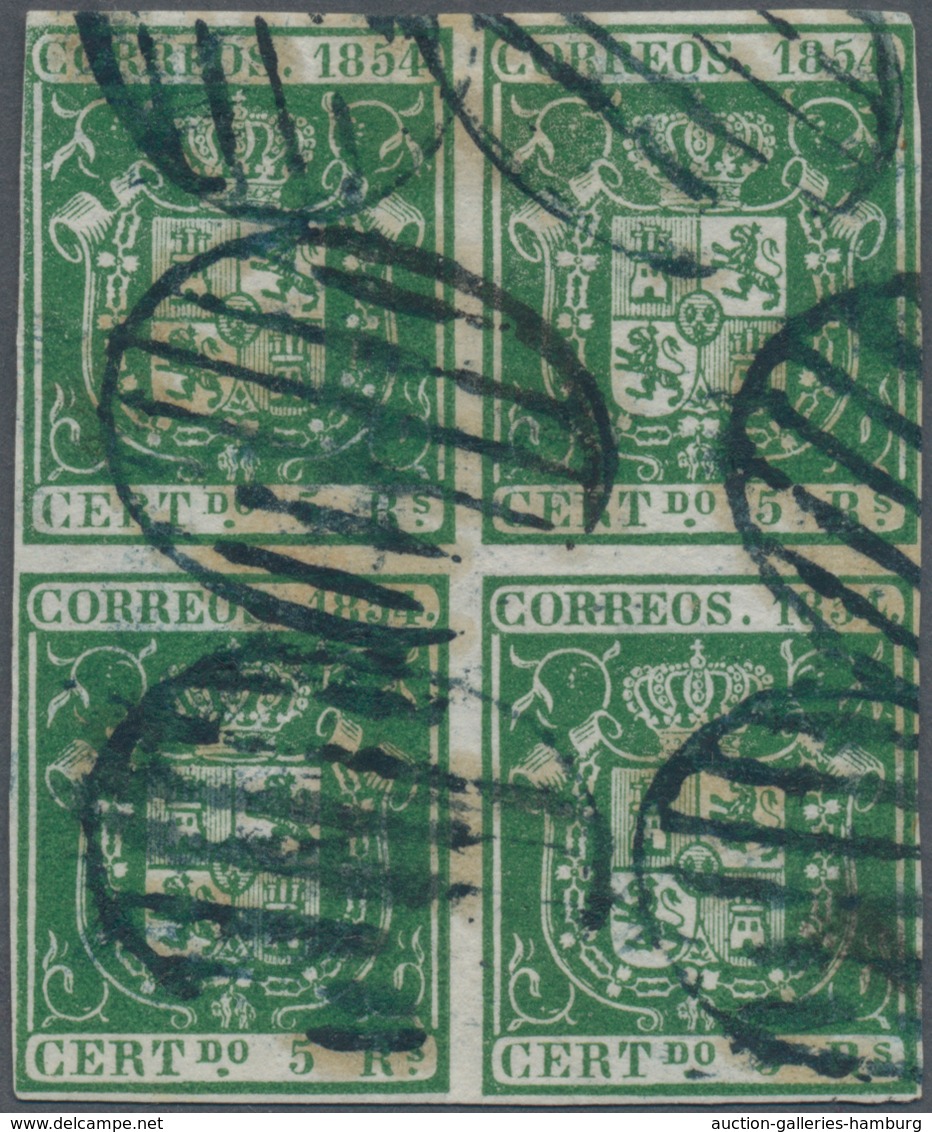 Spanien: 1854, 5r. Green, Block Of Four, Deep Intense Colour, Slightly Touched To Full Margins, Neat - Sonstige & Ohne Zuordnung