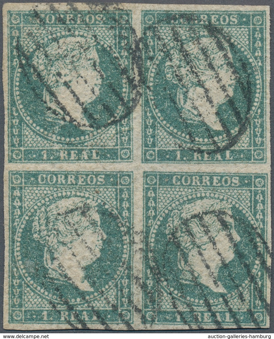 Spanien: 1856, Isabella 1 Real Green-blue With Watermark Crossed Lines On Transparent Rough Grey-whi - Sonstige & Ohne Zuordnung