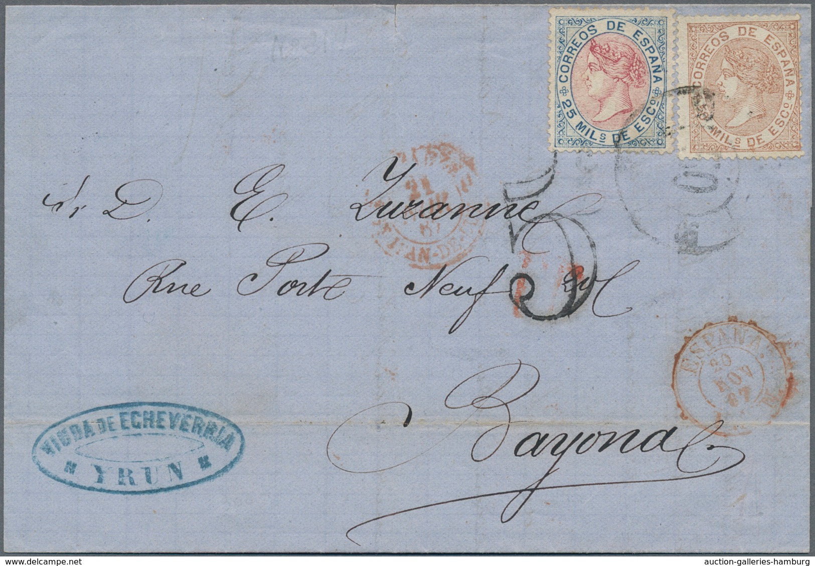 Spanien: 1867, 25 M. And 50 M. Tied Carreta "50" To Entire Folded Letter Dated "Irun 20 Nov 67" To B - Sonstige & Ohne Zuordnung