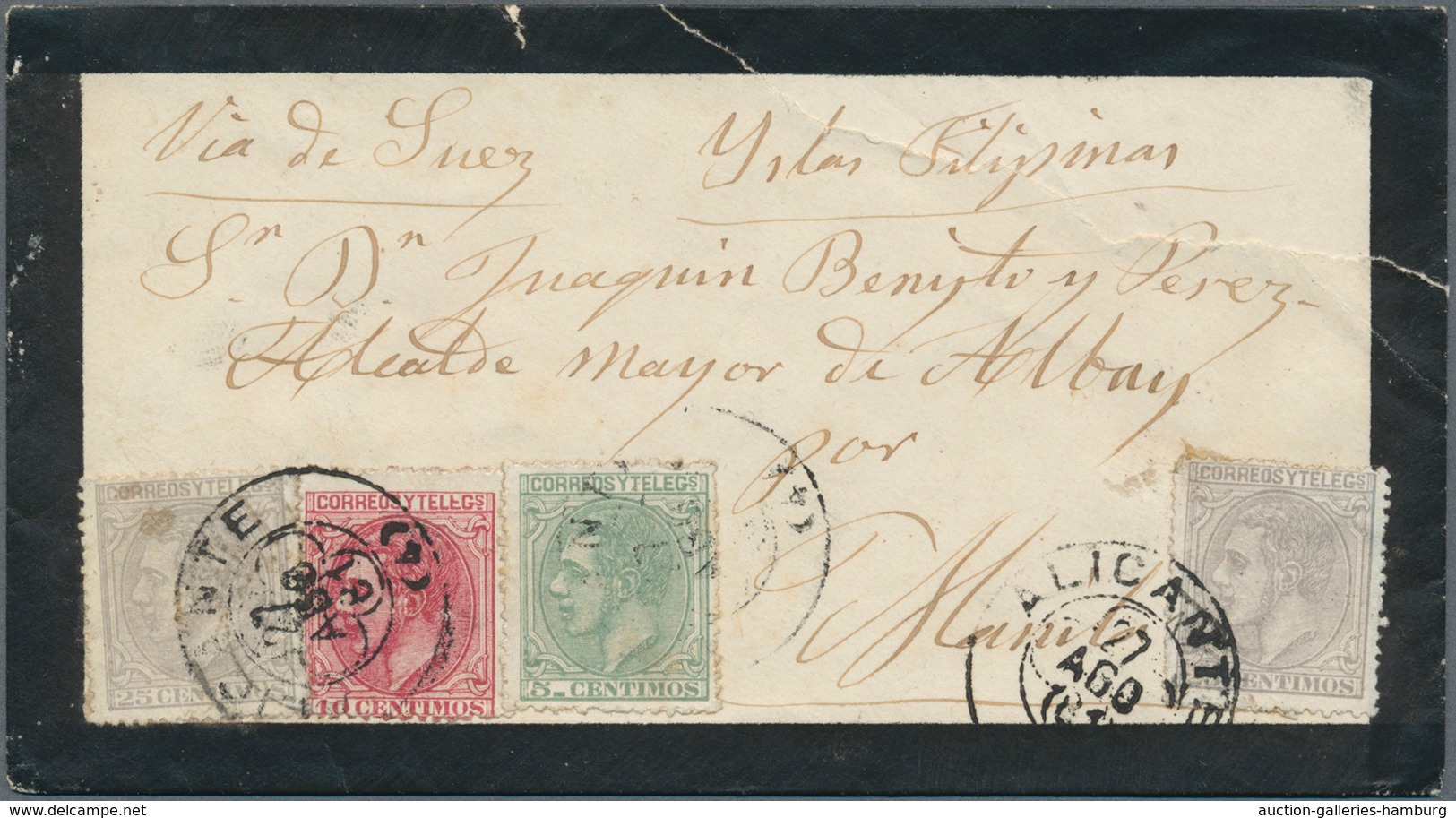 Spanien: 1880, 5 Cts, 10 Cts And 25 Cts (2) Tied "ALICANTE (9) 27 AGO 80" To Mourning Envelope (faul - Sonstige & Ohne Zuordnung