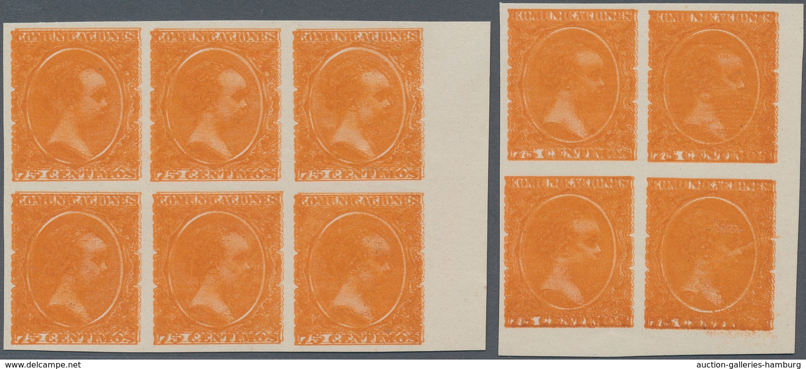 Spanien: 1889, King Alonso XIII. As Child 75c. Orange DOUBLE PRINT In Imperforate Blocks Of Four And - Sonstige & Ohne Zuordnung