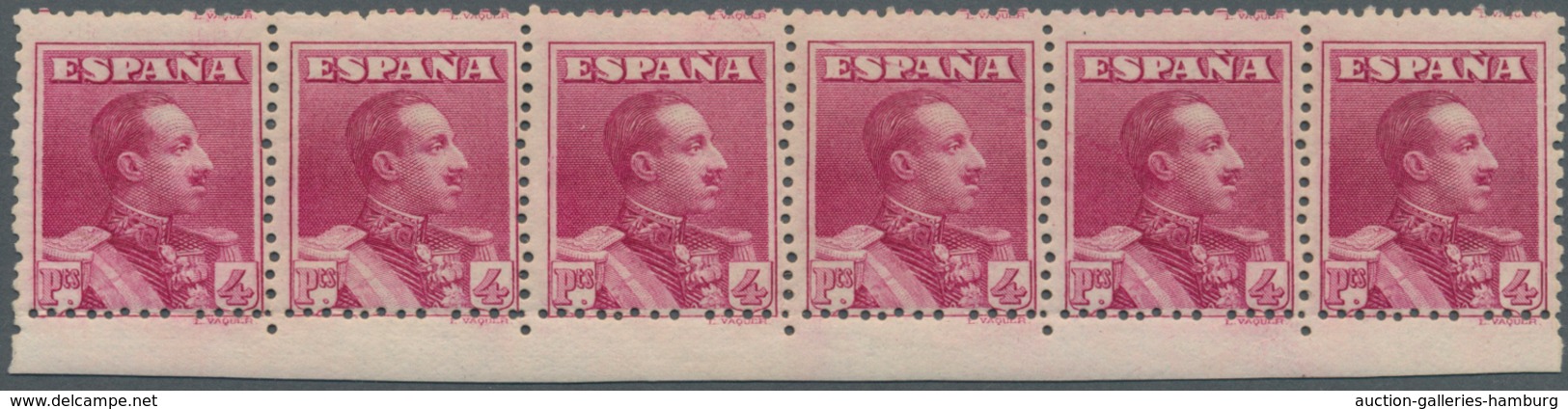 Spanien: 1925, King Alonso XIII. 4pta. Lilac-carmine Horizontal Strip Of Six From Lower Margin Centr - Sonstige & Ohne Zuordnung