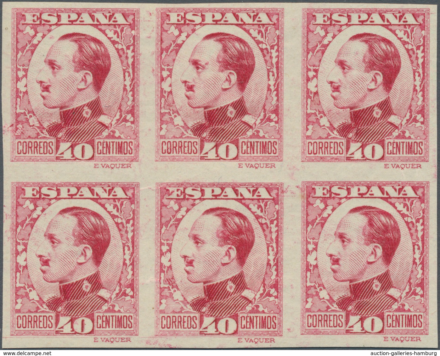 Spanien: 1930, King Alfonso XIII. Definitive 40c. Imperforate COLOUR PROOF In Carmine-red Block Of S - Sonstige & Ohne Zuordnung