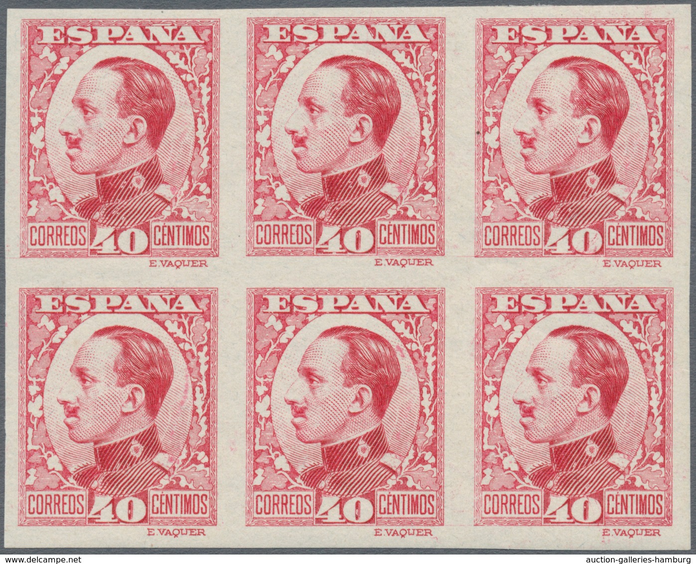 Spanien: 1930, Definitives Alfonso XIII, 40c. Red, Colour Variety, Imperforate Block Of Six, Unmount - Sonstige & Ohne Zuordnung