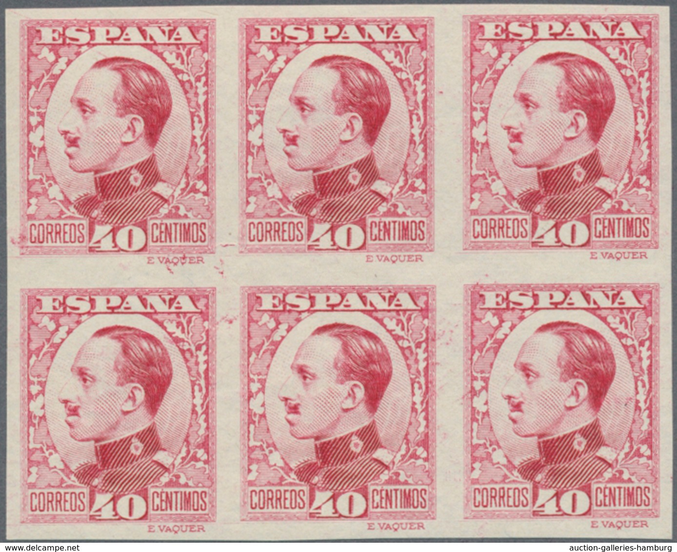 Spanien: 1930, King Alfonso XIII. Definitive 40c. Imperforate COLOUR PROOF In Carmine-red Block Of S - Sonstige & Ohne Zuordnung