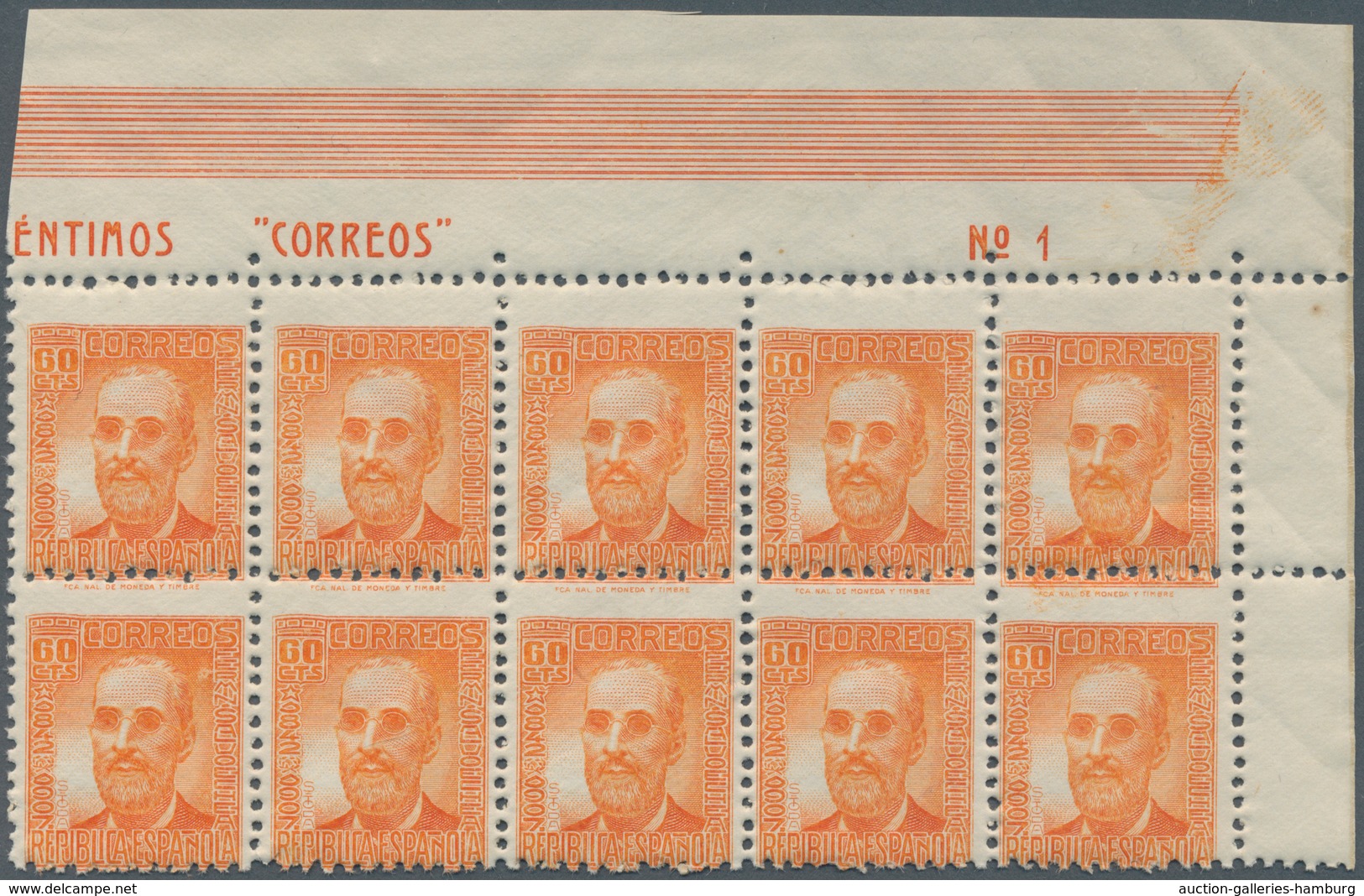 Spanien: 1938, Fermin Salvochea Y Alvarez 60c. Orange Four Blocks Of Ten From Upper Right Corners Wi - Sonstige & Ohne Zuordnung