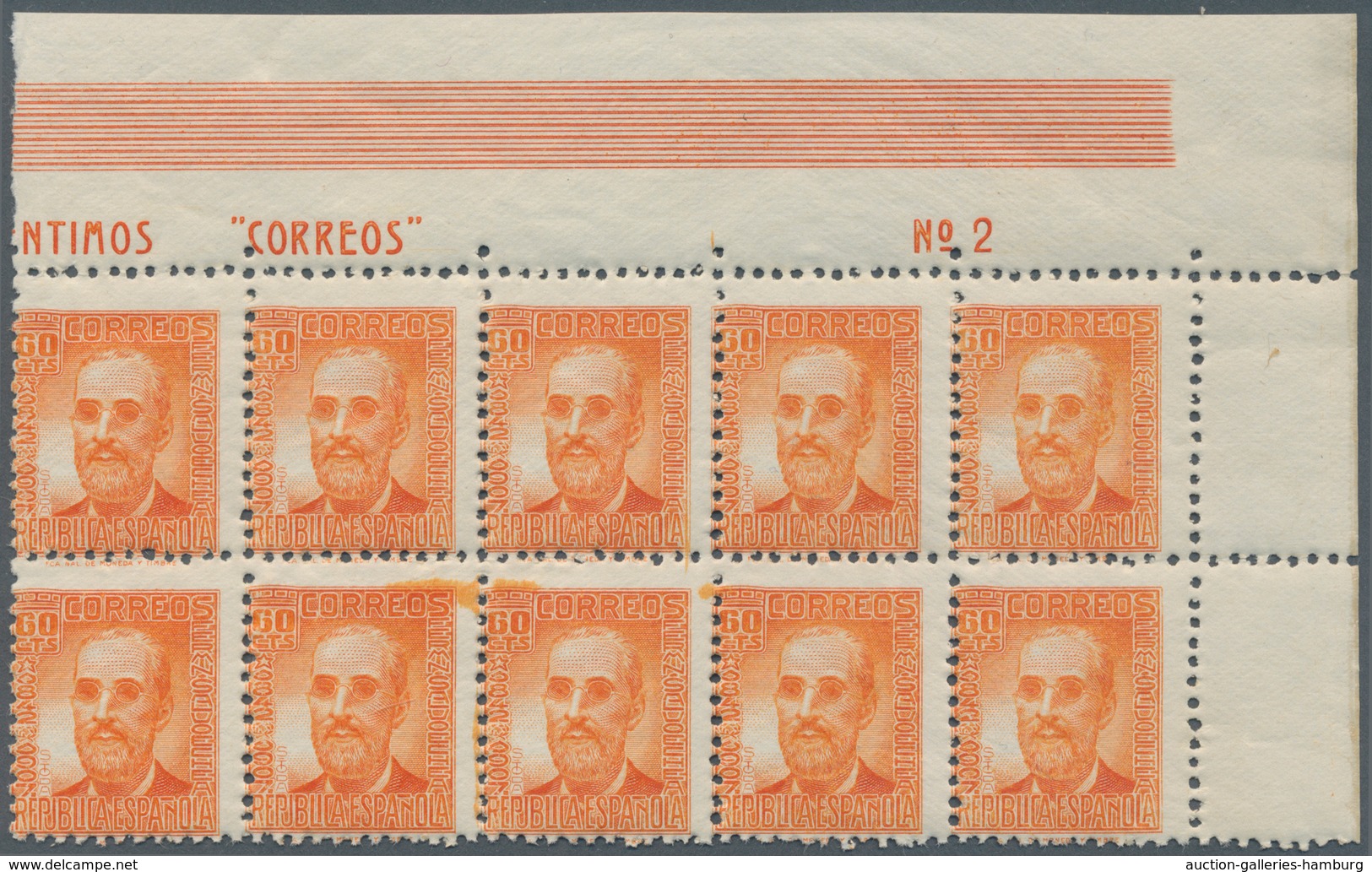 Spanien: 1938, Fermin Salvochea Y Alvarez 60c. Orange Four Blocks Of Ten From Upper Right Corners Wi - Other & Unclassified