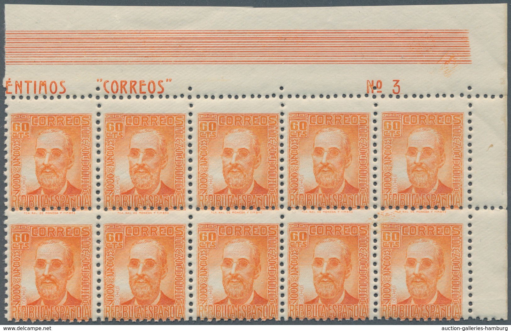 Spanien: 1938, Fermin Salvochea Y Alvarez 60c. Orange Four Blocks Of Ten From Upper Right Corners Wi - Sonstige & Ohne Zuordnung