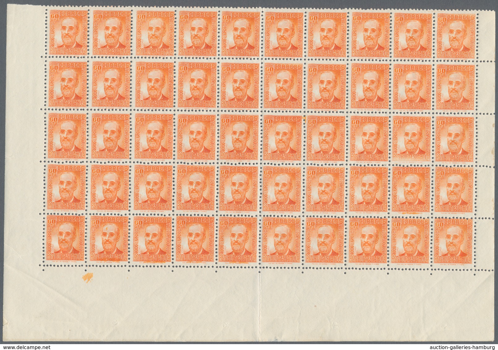 Spanien: 1938, Fermin Salvochea Y Alvarez 60c. Orange Folded Half Sheet With 50 Stamps From Lower Ma - Other & Unclassified