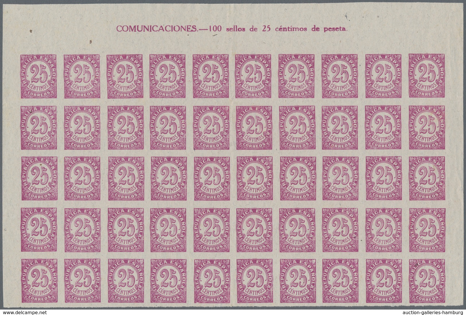 Spanien: 1938, Numeral Definitive 25c. Lilac On Grey Paper IMPERFORATE Half Sheet (50 Stamps) From U - Sonstige & Ohne Zuordnung