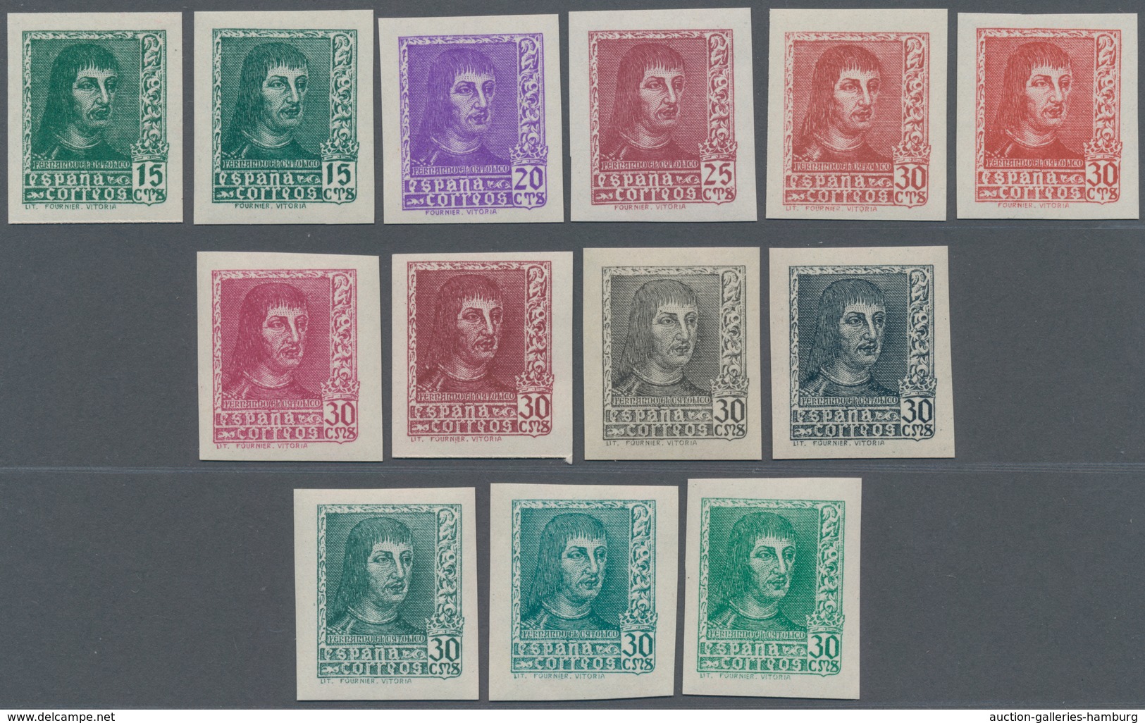 Spanien: 1938, Ferdinand II. Complete Set Of Six IMPERFORATE Stamps Incl. The Diff. Imprints Of 15c. - Other & Unclassified