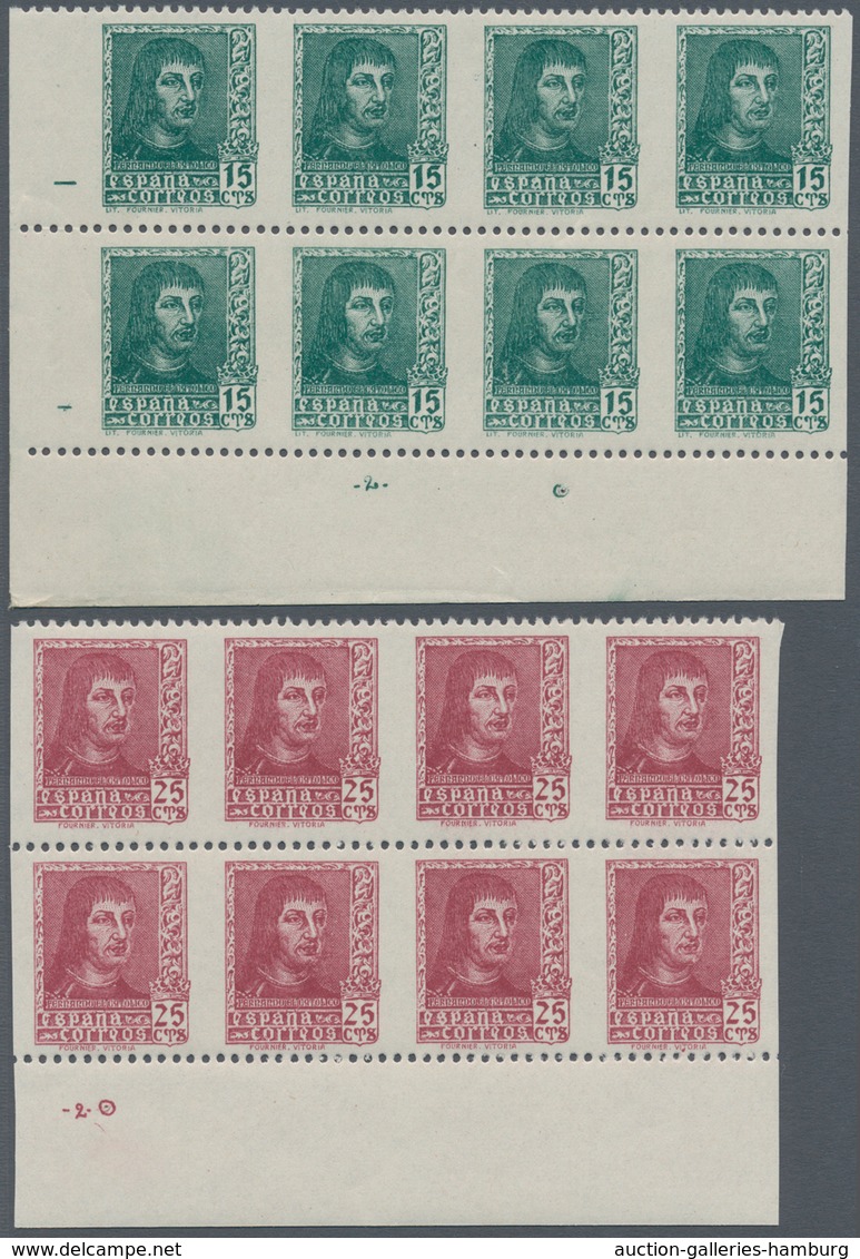 Spanien: 1938, Ferdinand II. 15c. Dark Green (‚Lit. Fournier Vitoria‘) And 25c. Brownish Carmine Blo - Other & Unclassified