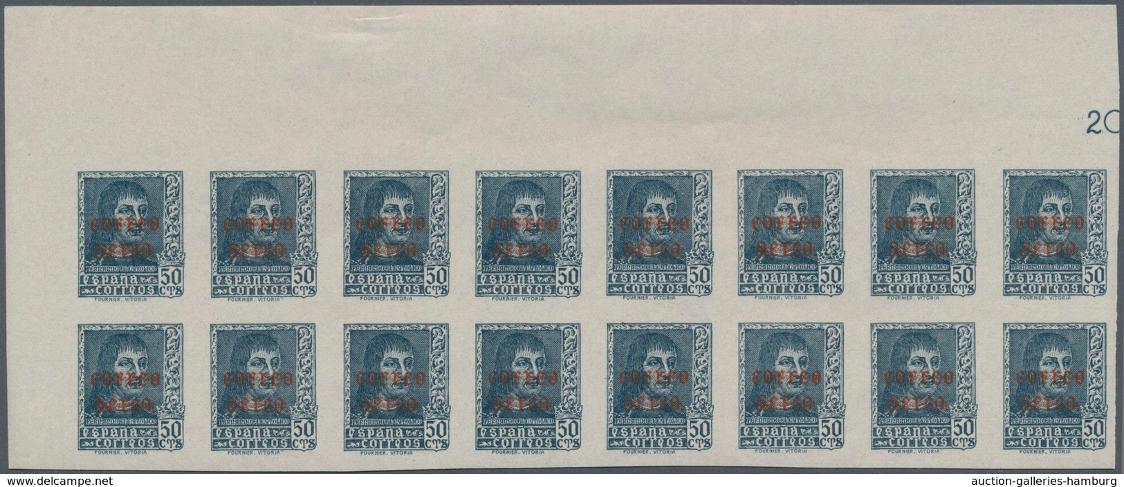 Spanien: 1938, Airmails 50c. Slate And 1pts. Blue, IMPERFORATE Marginal Blocks Of 16 From The Upper - Sonstige & Ohne Zuordnung