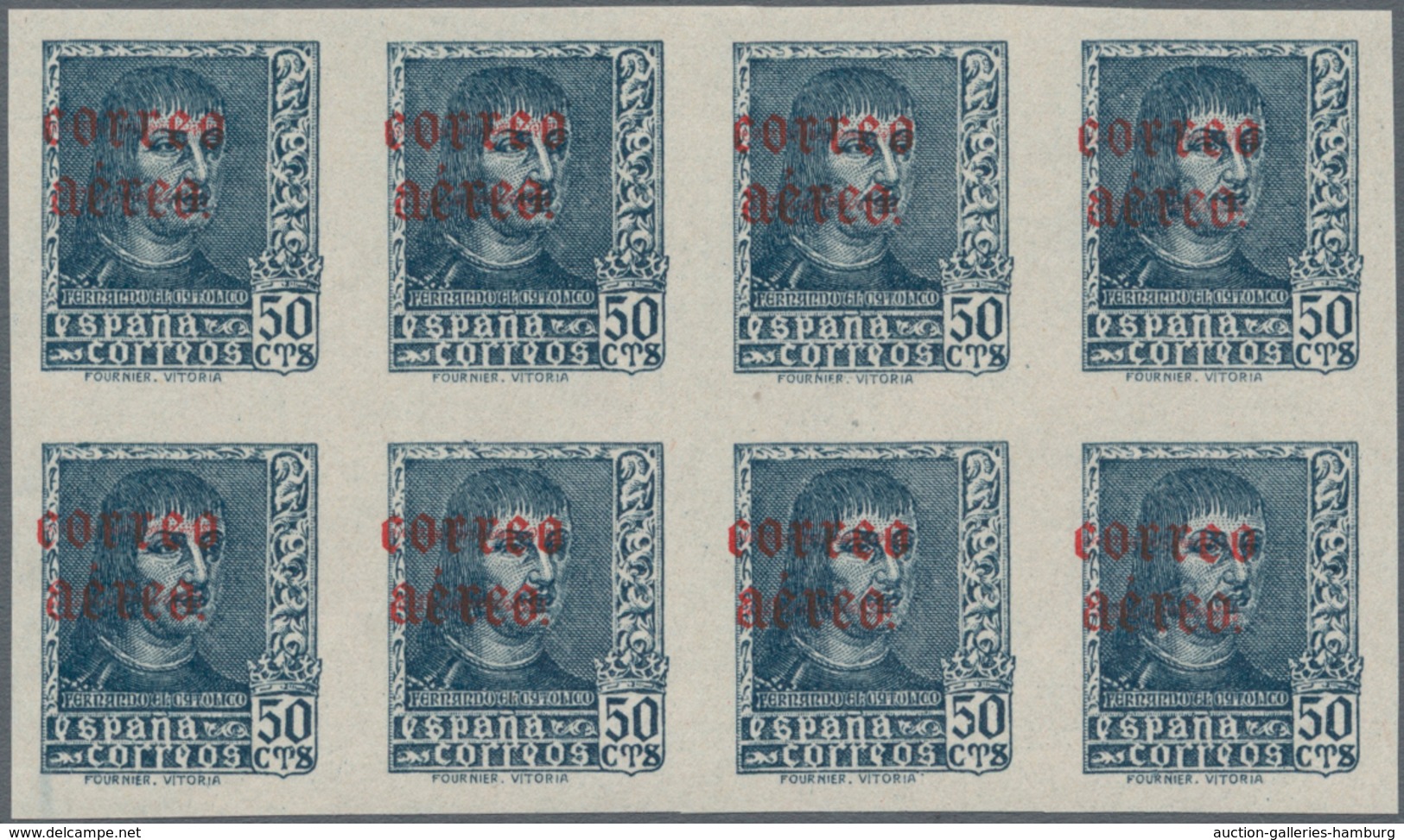 Spanien: 1938, Ferdinand II. Definitive Stamps 50c. Greyish-blue And 1pta. Blue With Red Opt. ‚corre - Sonstige & Ohne Zuordnung