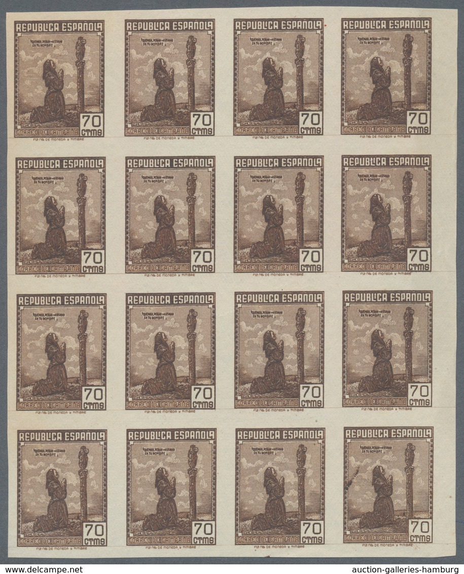 Spanien: 1939, Forces Mail Issue NOT ISSUED 70c. Brown IMPERFORATE Block Of 16, Unused Without Gum A - Sonstige & Ohne Zuordnung