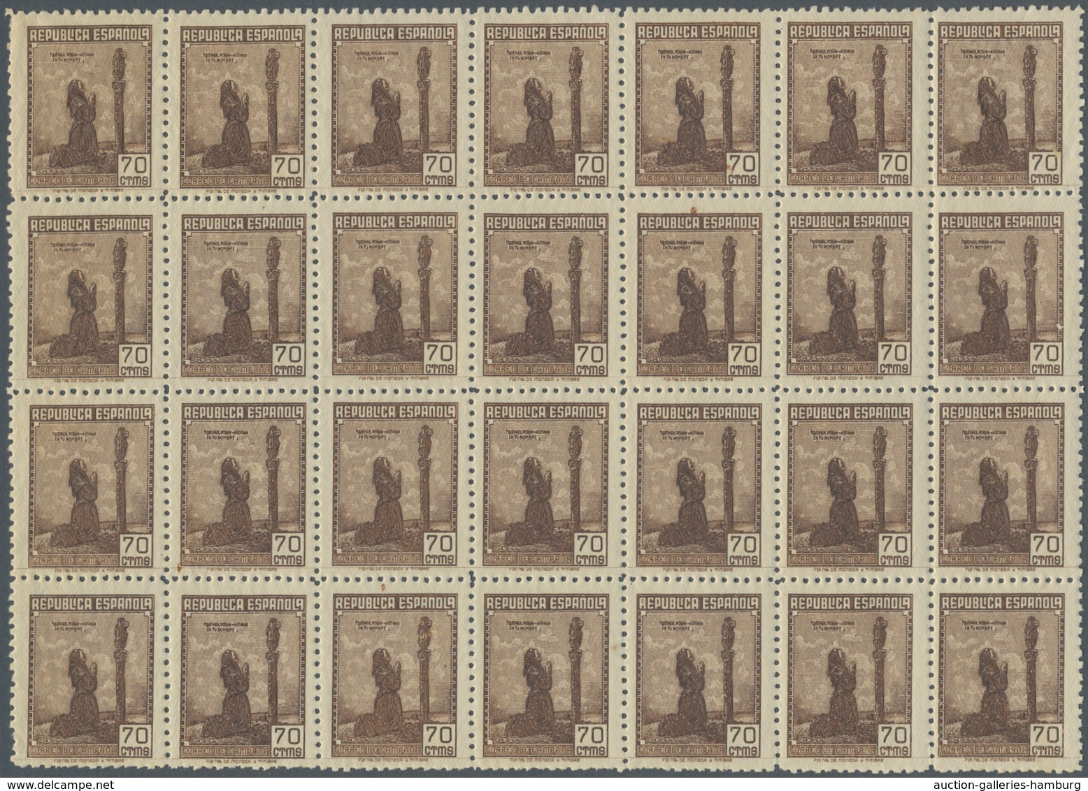 Spanien: 1939, Forces Mail Issue NOT ISSUED 70c. Stamp Showing Female Prayer Block Of 28 Perforated - Sonstige & Ohne Zuordnung