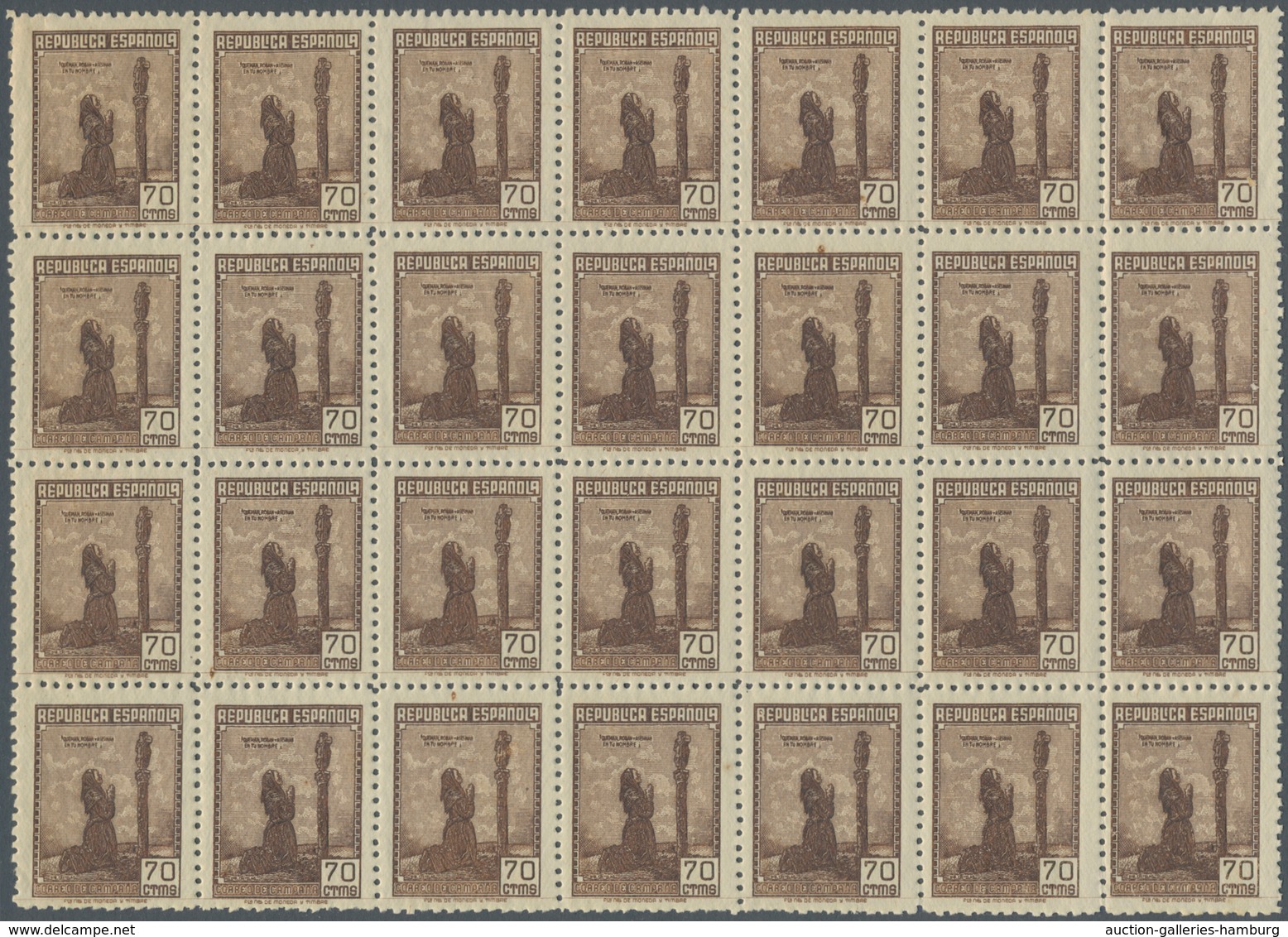 Spanien: 1939, Forces Mail Issue NOT ISSUED 70c. Stamp Showing Female Prayer Block Of 28 Perforated - Other & Unclassified