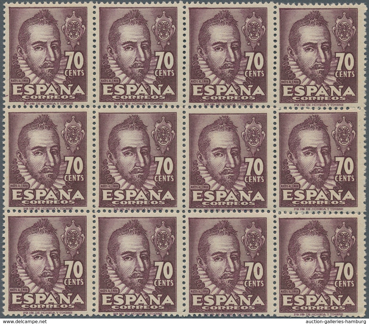 Spanien: 1948, Mateo Alemán 70c. Purple With Scarce Perf. 12¾ X 13 Block Of Twelve, Mint Never Hinge - Sonstige & Ohne Zuordnung