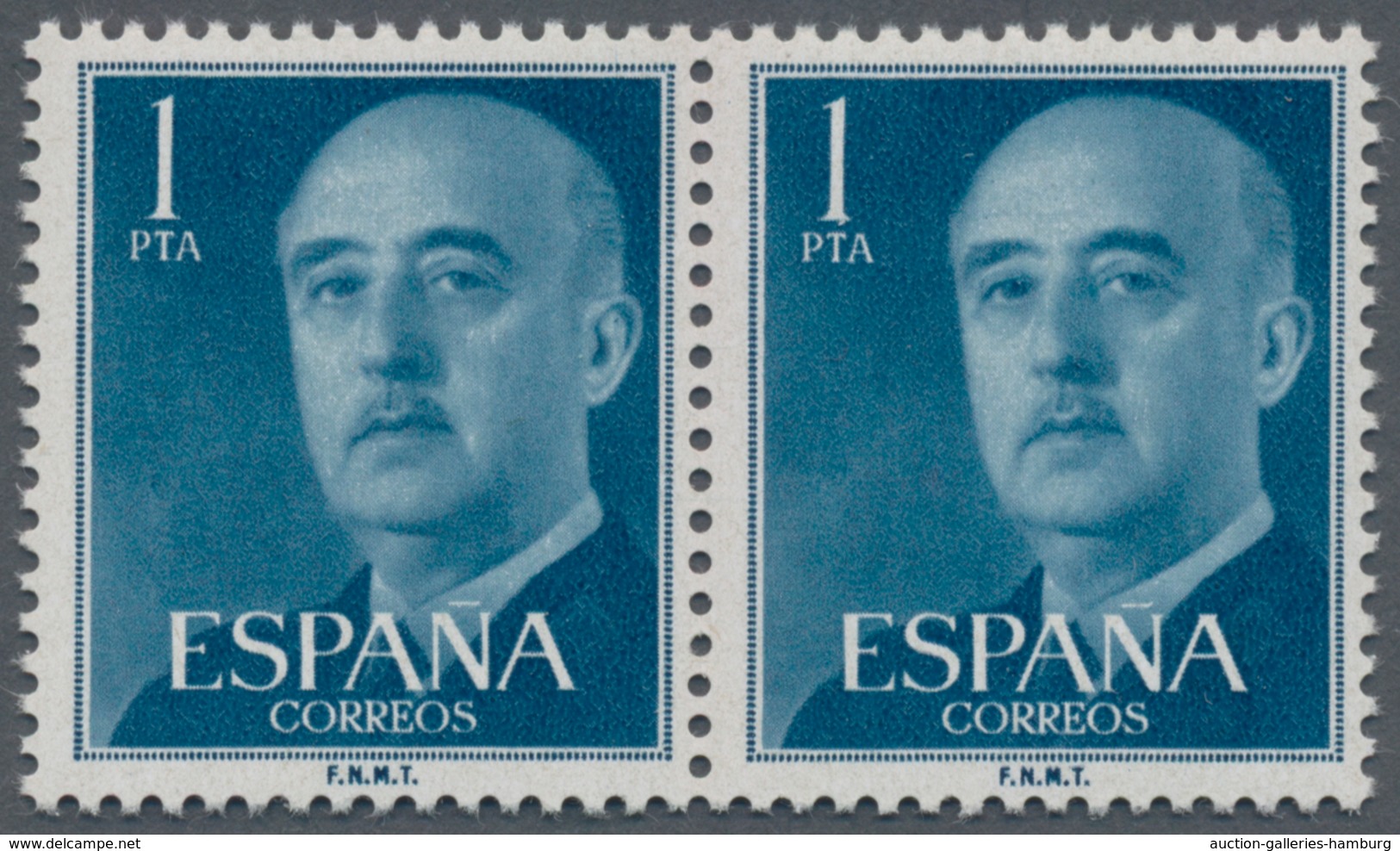 Spanien: 1955, Definitives "General Franco", 1pts. Blue, Colour Essay, Horizontal Pair, Unmounted Mi - Sonstige & Ohne Zuordnung