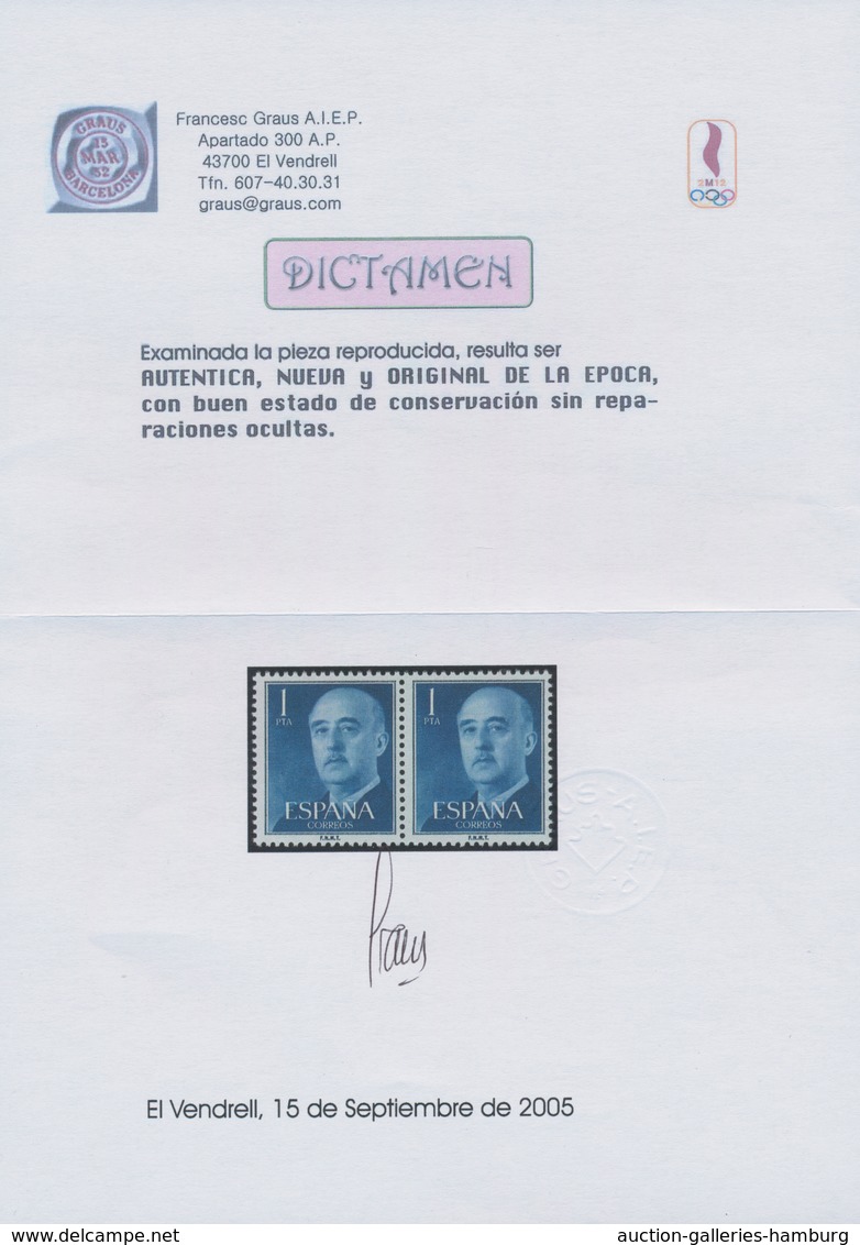 Spanien: 1955, Definitives "General Franco", 1pts. Blue, Colour Essay, Horizontal Pair, Unmounted Mi - Other & Unclassified