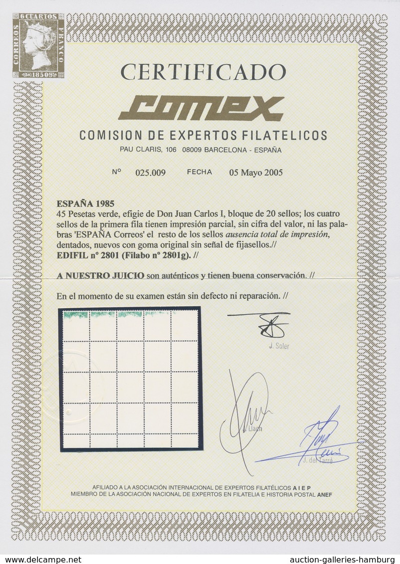 Spanien: 1985, Definitives "Juan Carlos", 45pta. Bright Emerald, Bottom Marginal Block Of 20, All Fi - Sonstige & Ohne Zuordnung