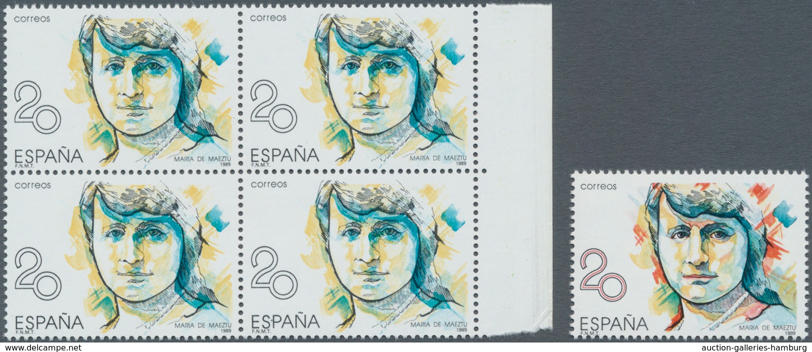 Spanien: 1988, Prominent Woman 20pta. ‚Maria De Maeztu‘ With RED COLOUR OMITTED Block Of Four With N - Sonstige & Ohne Zuordnung