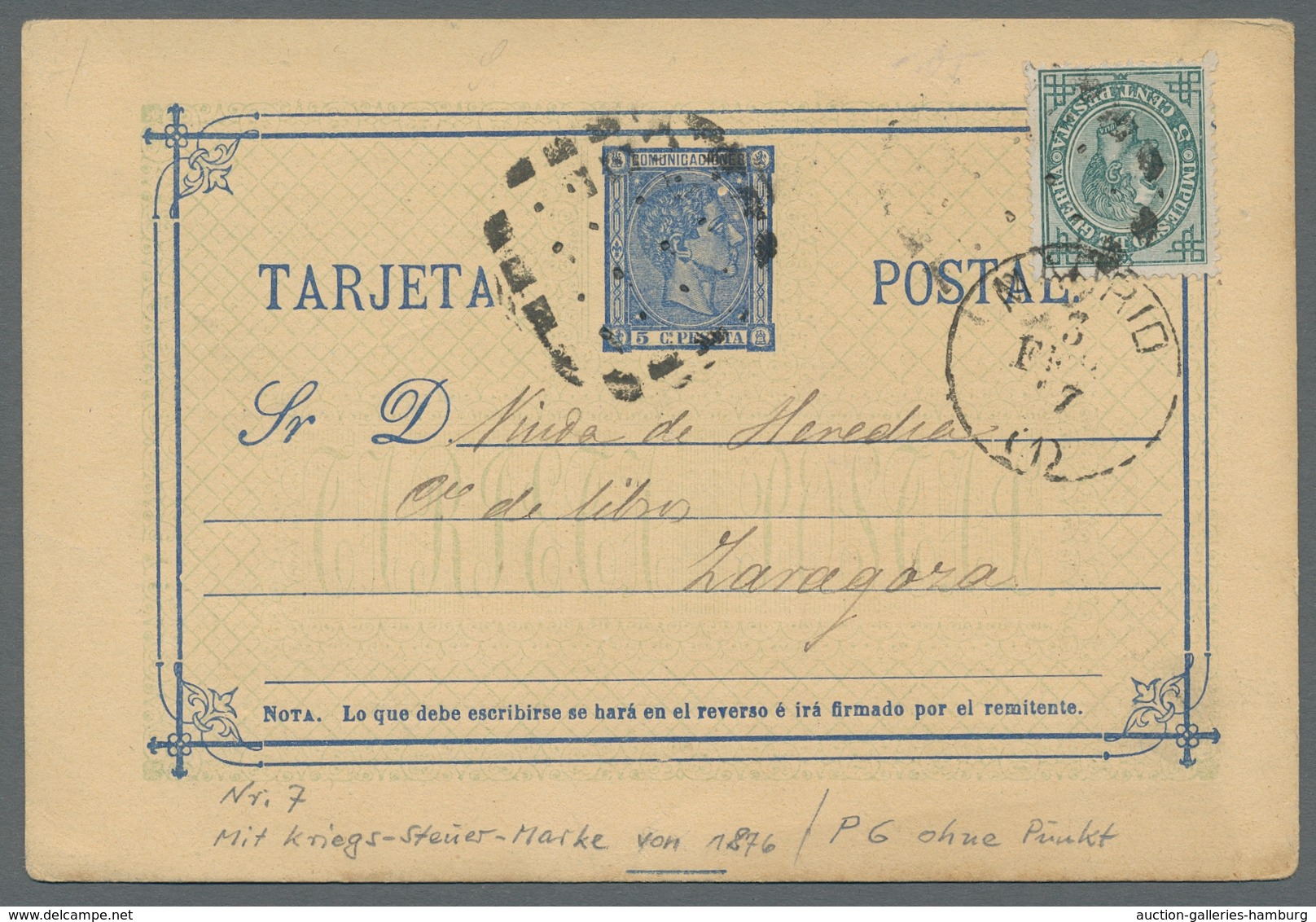 Spanien - Zwangszuschlagsmarken Kriegssteuermarken: 1877, 5 C. Postal Stationery Card With Attached - Revenue Stamps