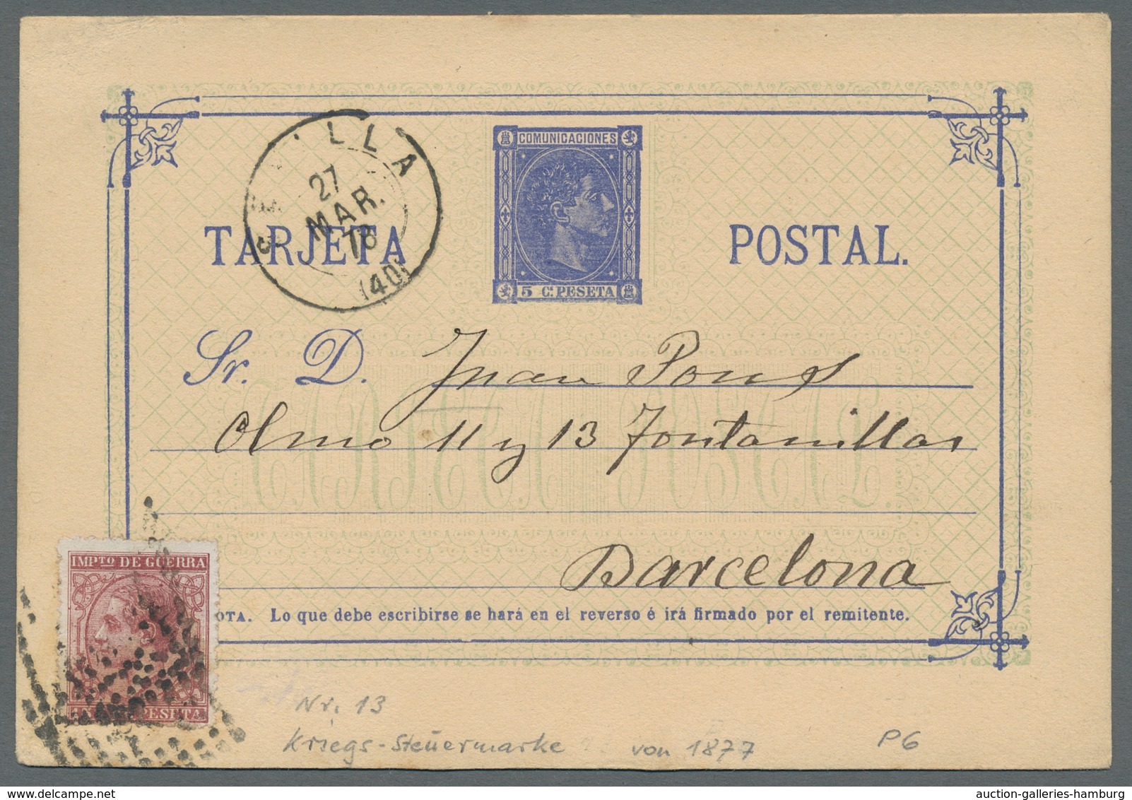Spanien - Zwangszuschlagsmarken Kriegssteuermarken: 1878, 5 C. Postal Stationery Card With Attached - Steuermarken