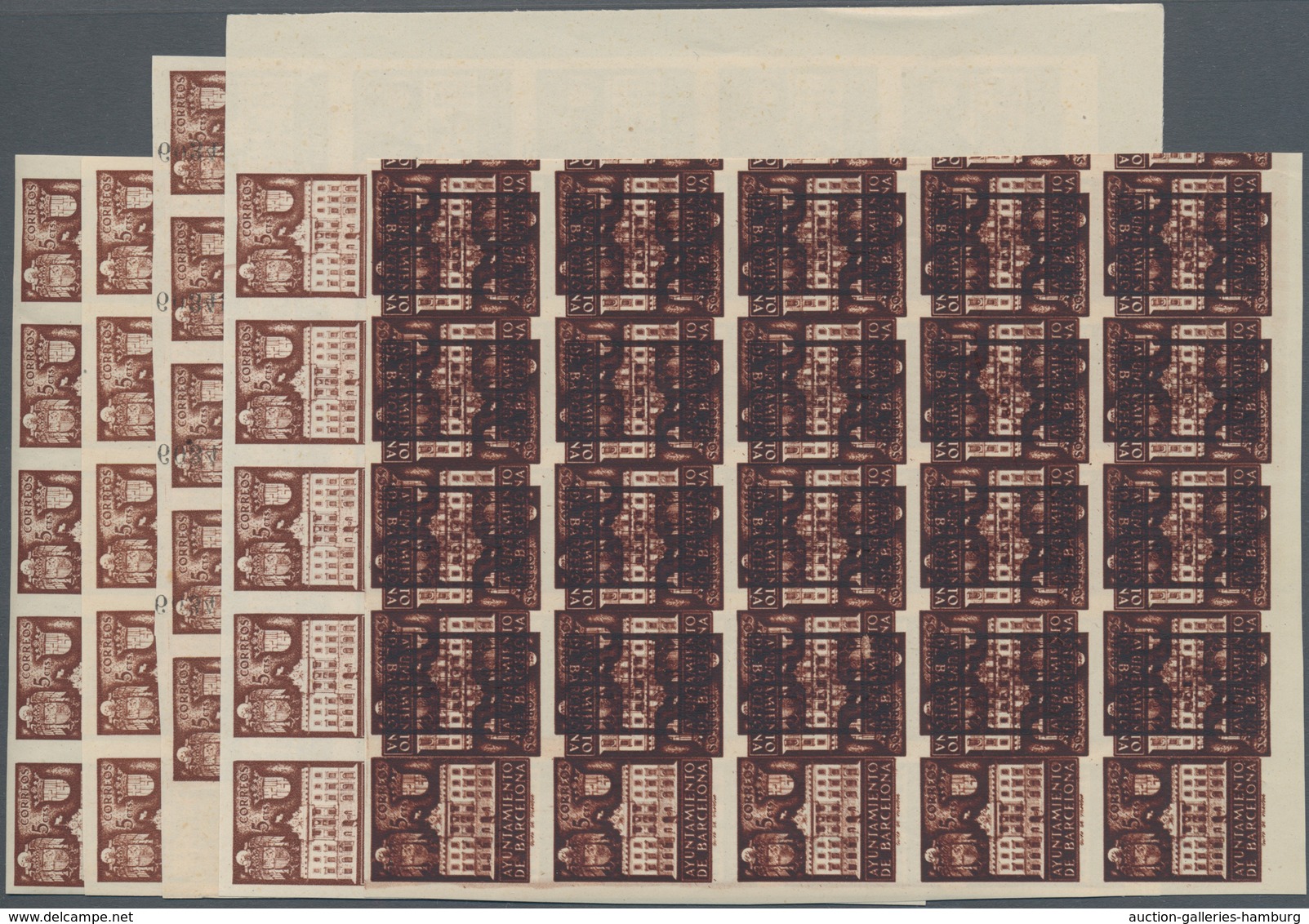 Spanien - Zwangszuschlagsmarken Für Barcelona: 1942, Town Hall Of Barcelona 5c. Brown In Four IMPERF - Kriegssteuermarken