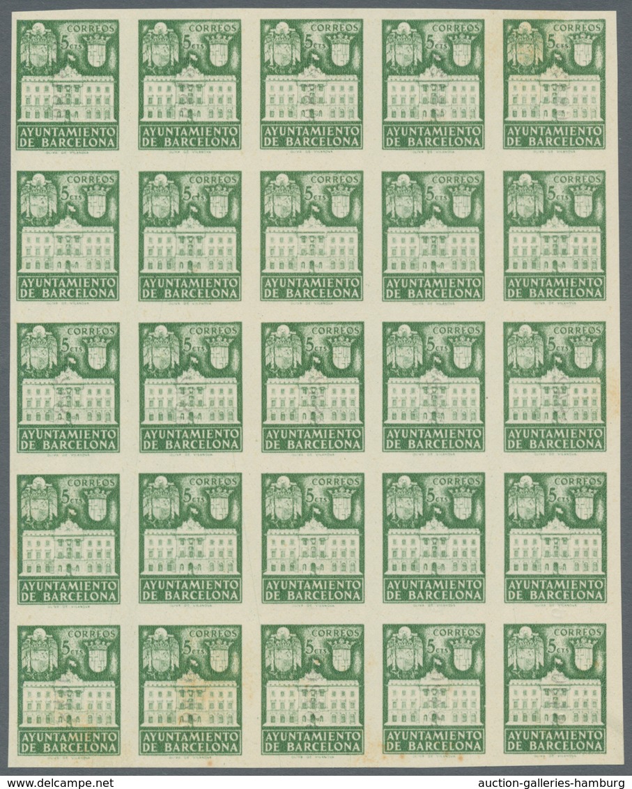 Spanien - Zwangszuschlagsmarken für Barcelona: 1942, Town Hall of Barcelona 5c. green in four IMPERF