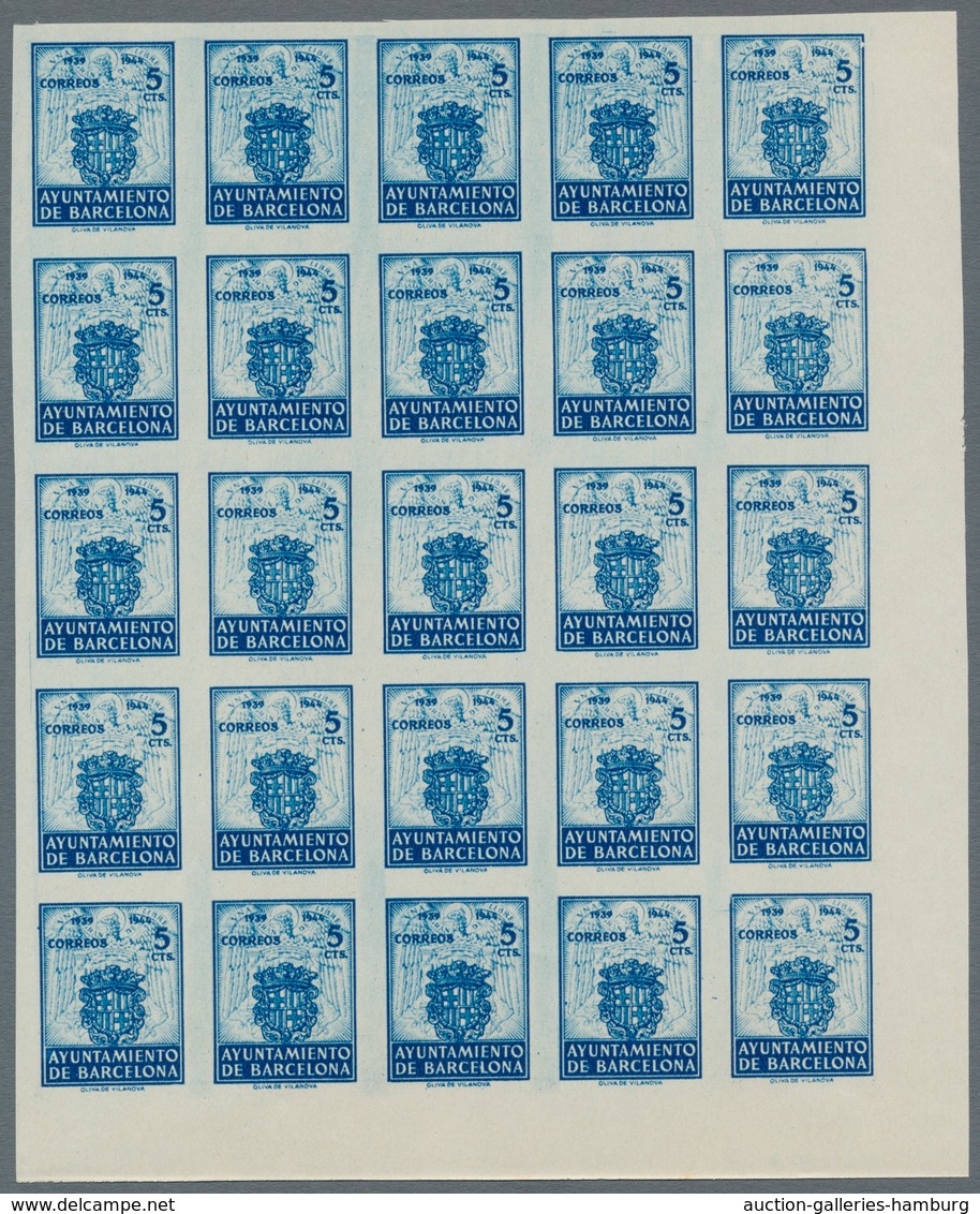 Spanien - Zwangszuschlagsmarken für Barcelona: 1944, Coat of Arms complete set of five 5c. stamps in